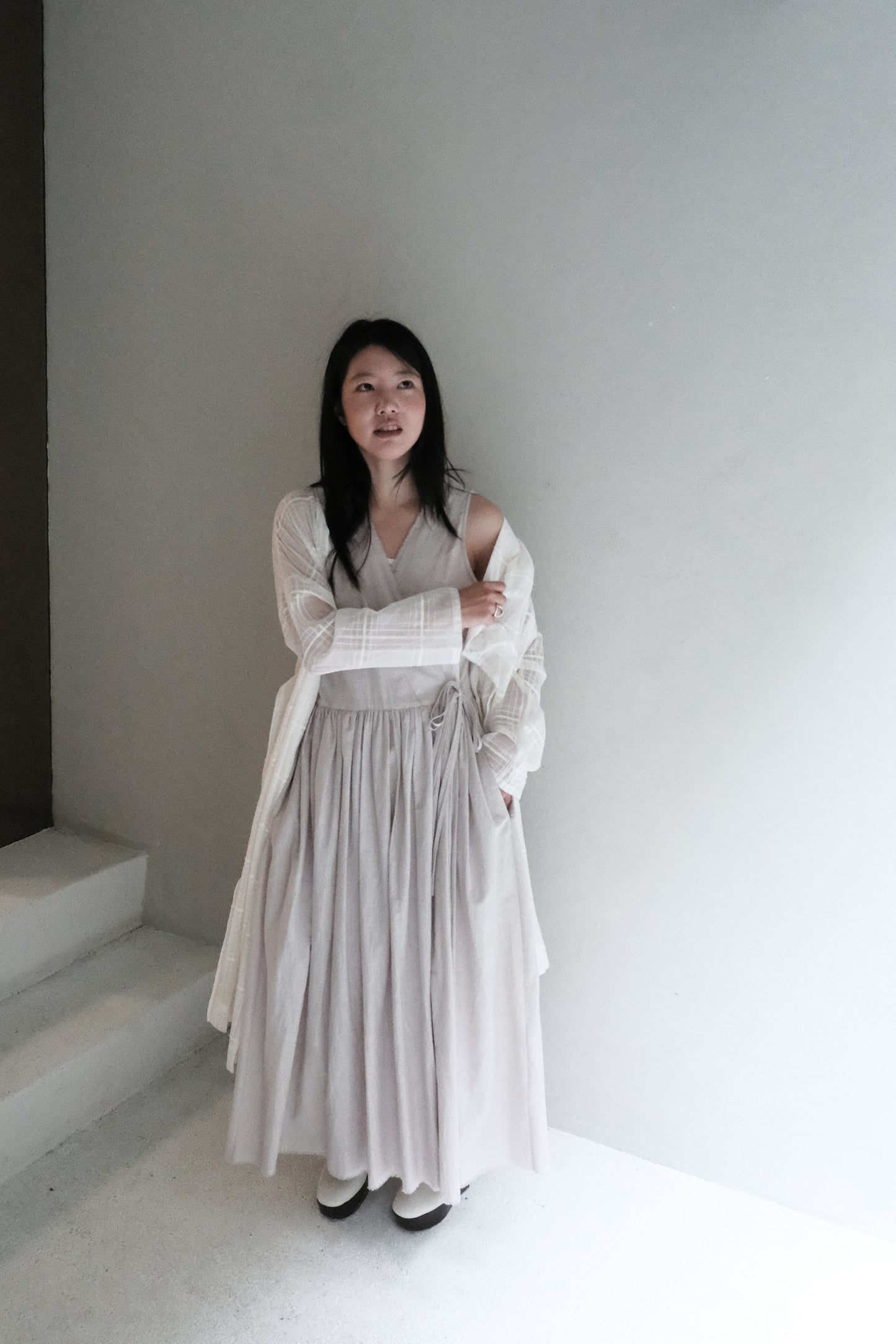 sheer cotton checked mandarin long cover (in-stock)