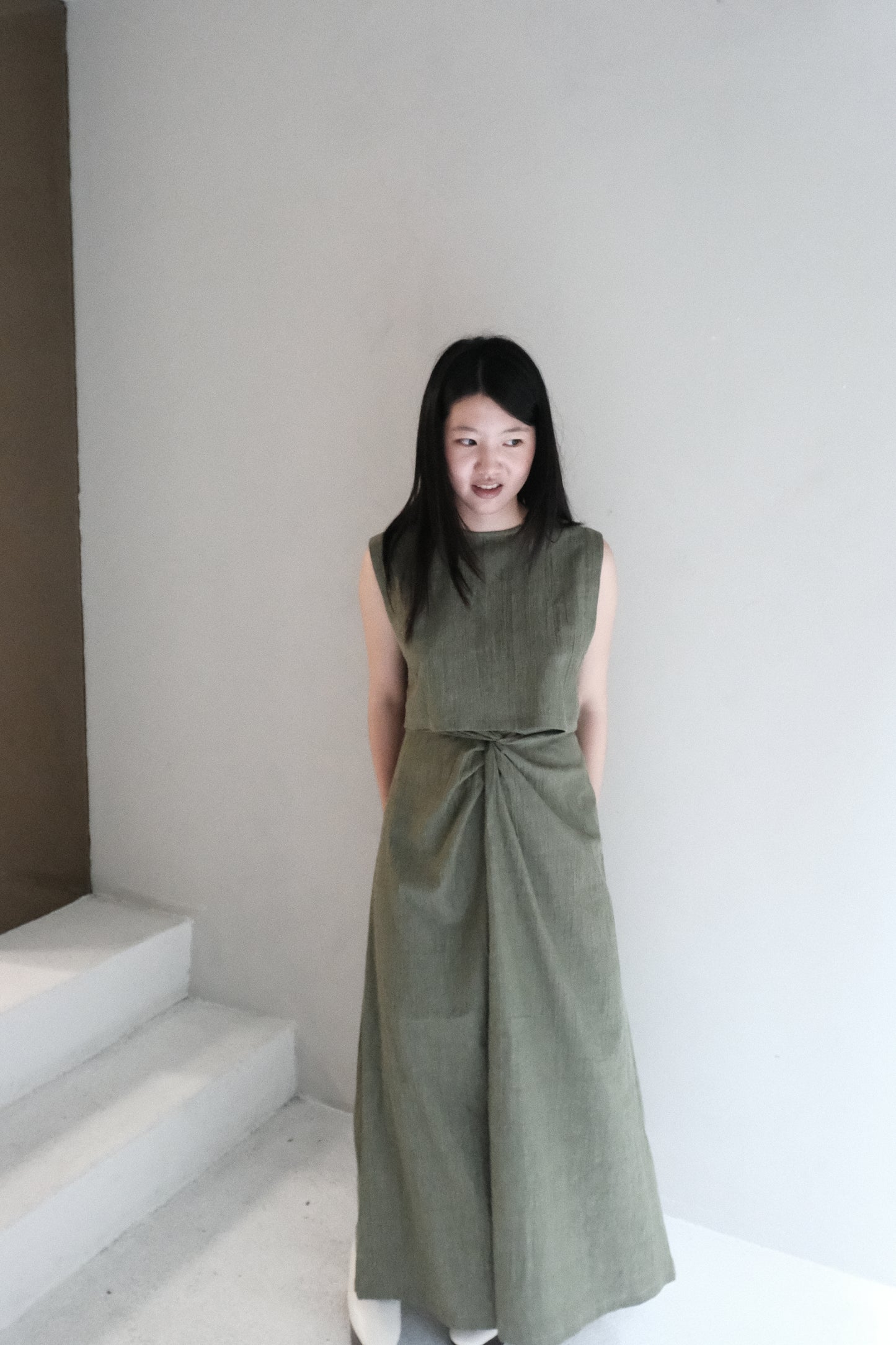 twisted cotton denim skirt - grass