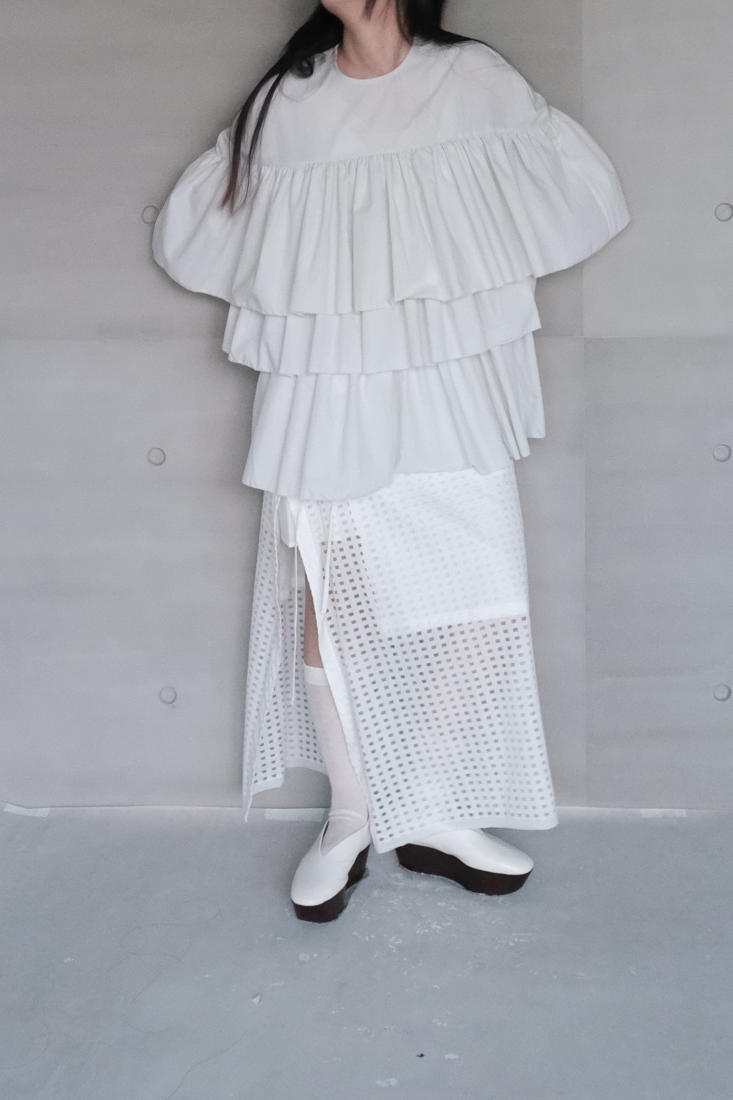 subtle checked lightweight ruched wrap skirt (pre-order)