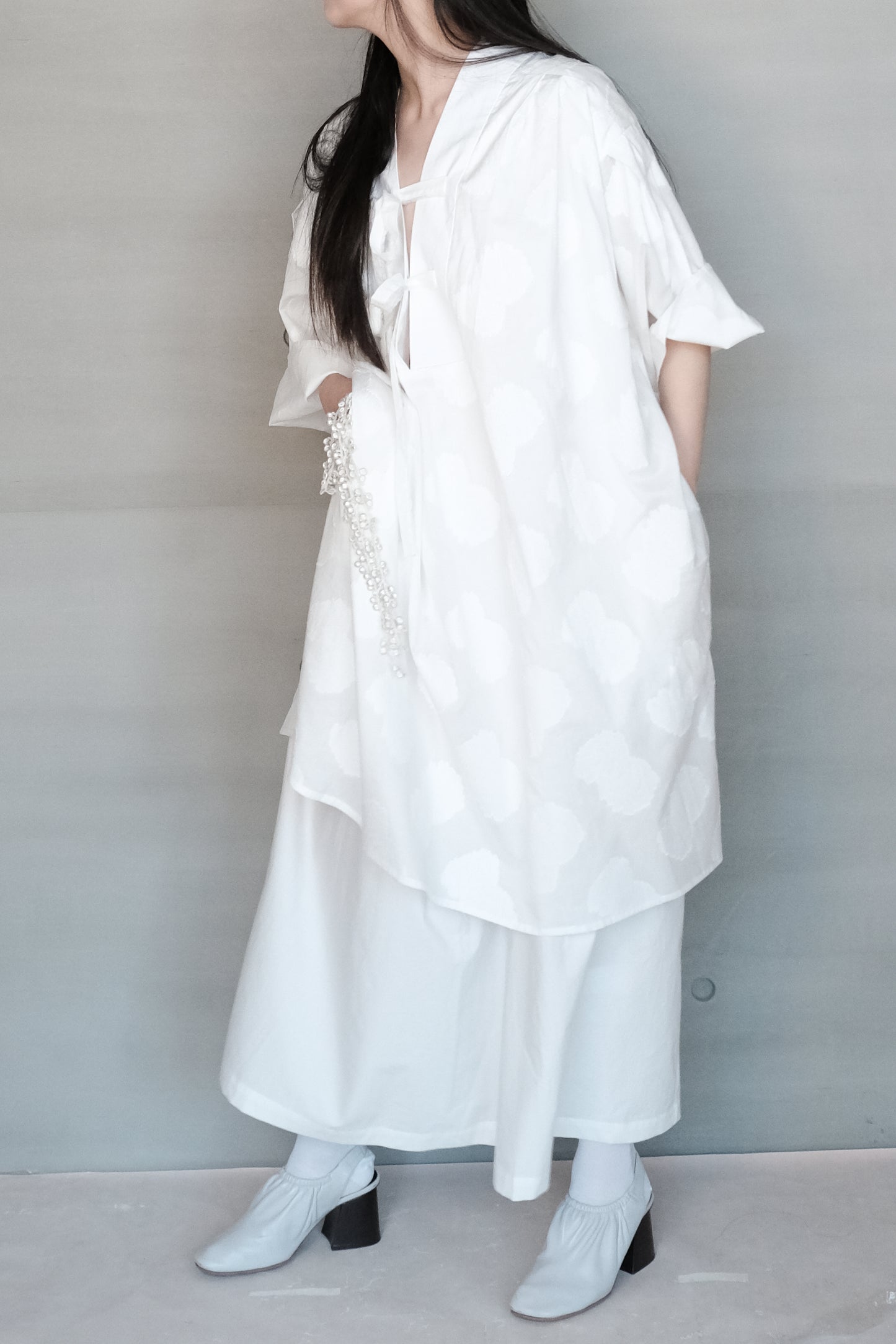 double layer panel tie-detail jacquard cotton dress ( in-stock)