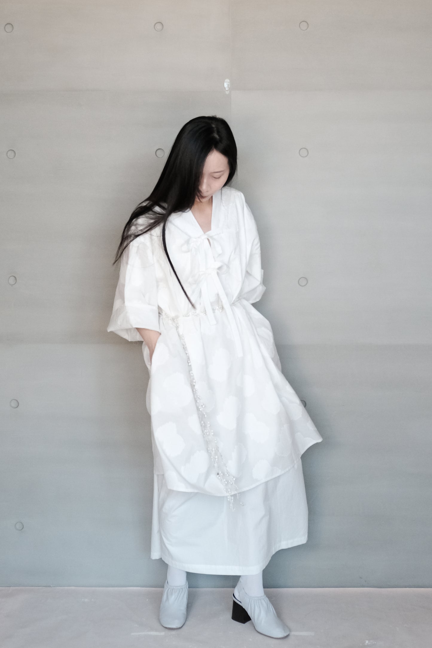 double layer panel tie-detail jacquard cotton dress ( in-stock)
