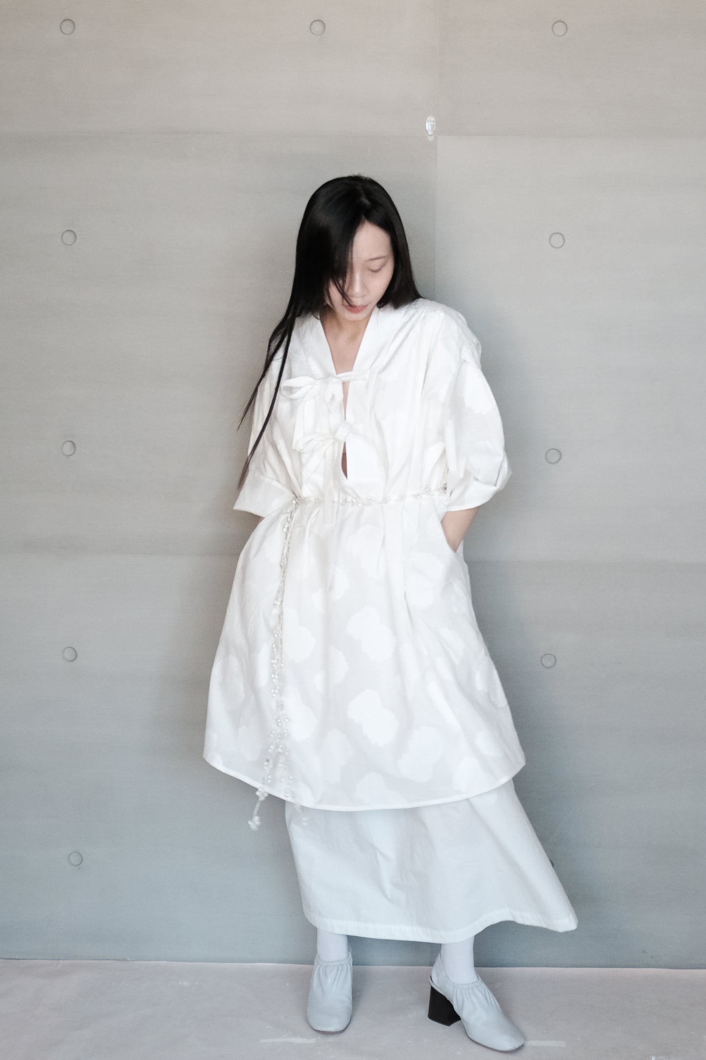 double layer panel tie-detail jacquard cotton dress ( in-stock)