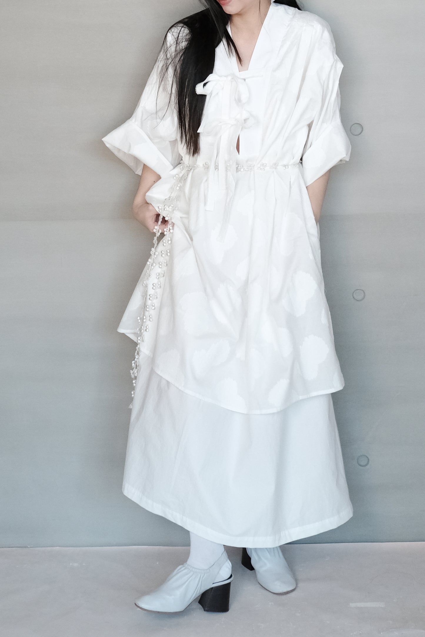 double layer panel tie-detail jacquard cotton dress ( in-stock)