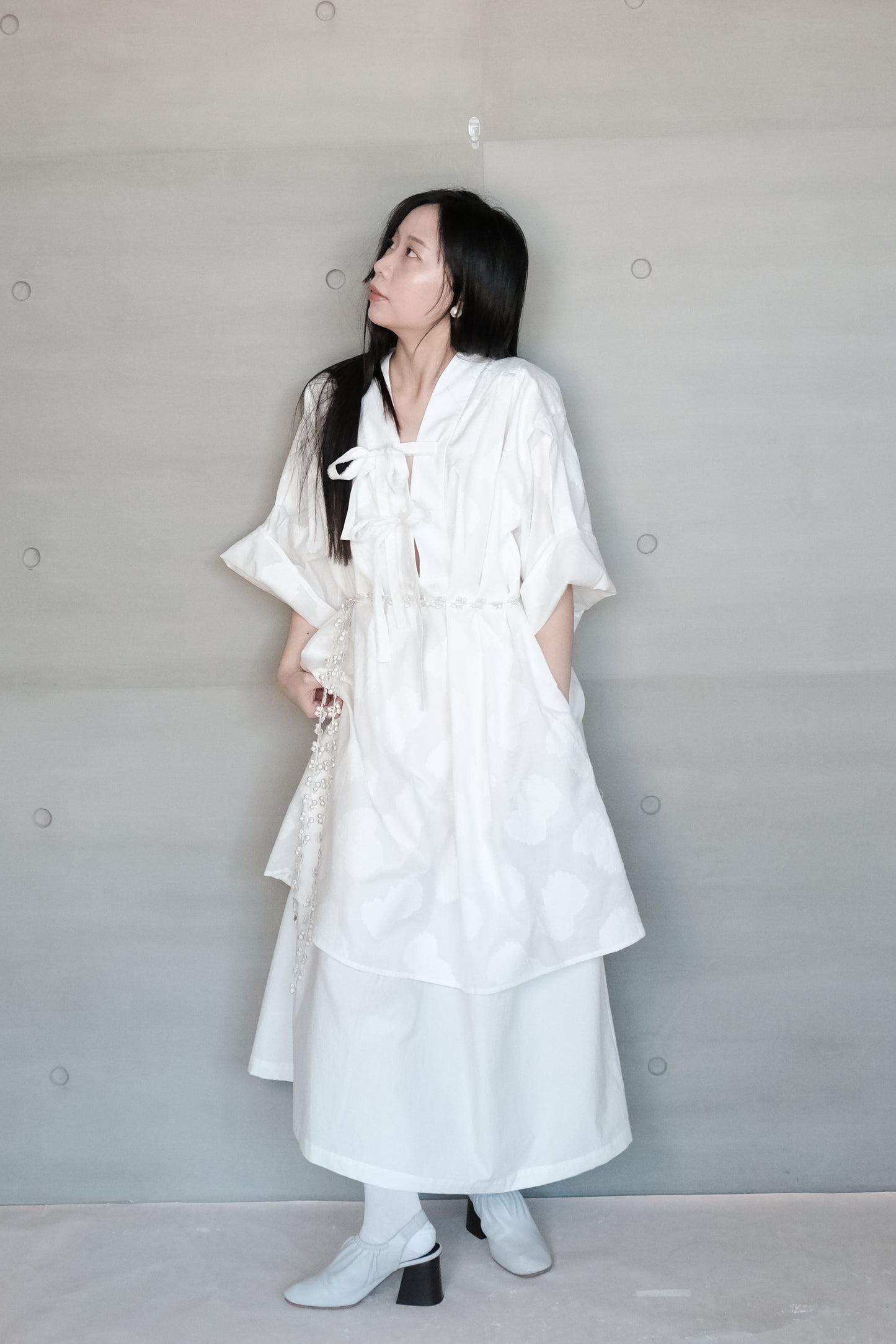 double layer panel tie-detail jacquard cotton dress ( in-stock)