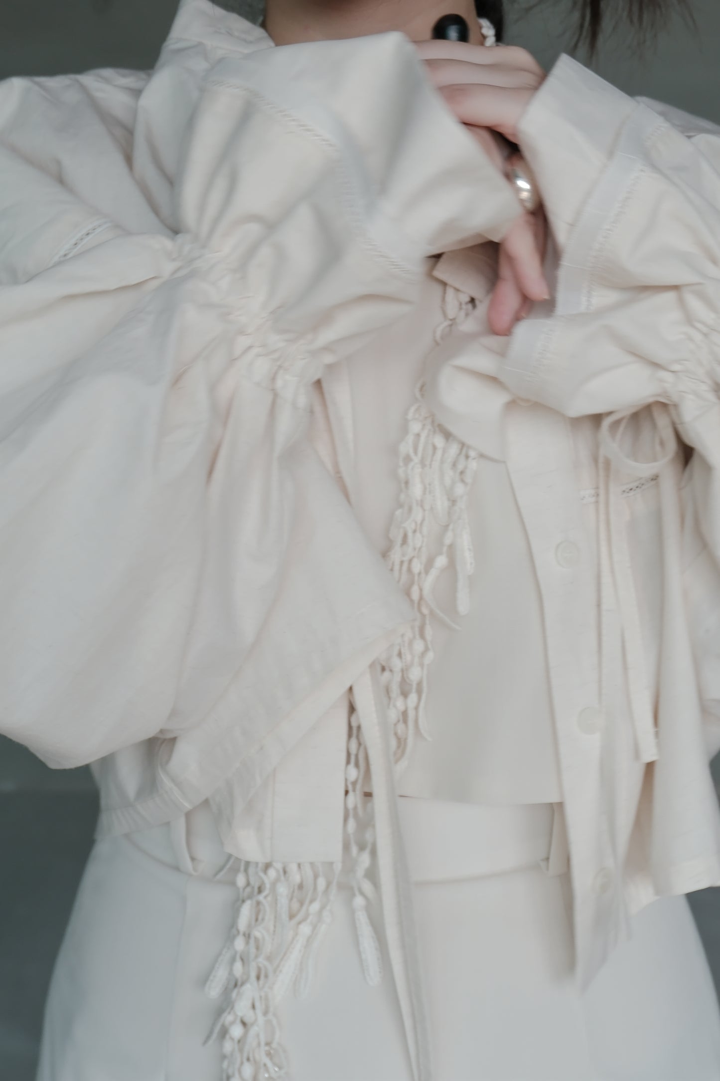 cotton-linen lace puff shirt（in-stock)