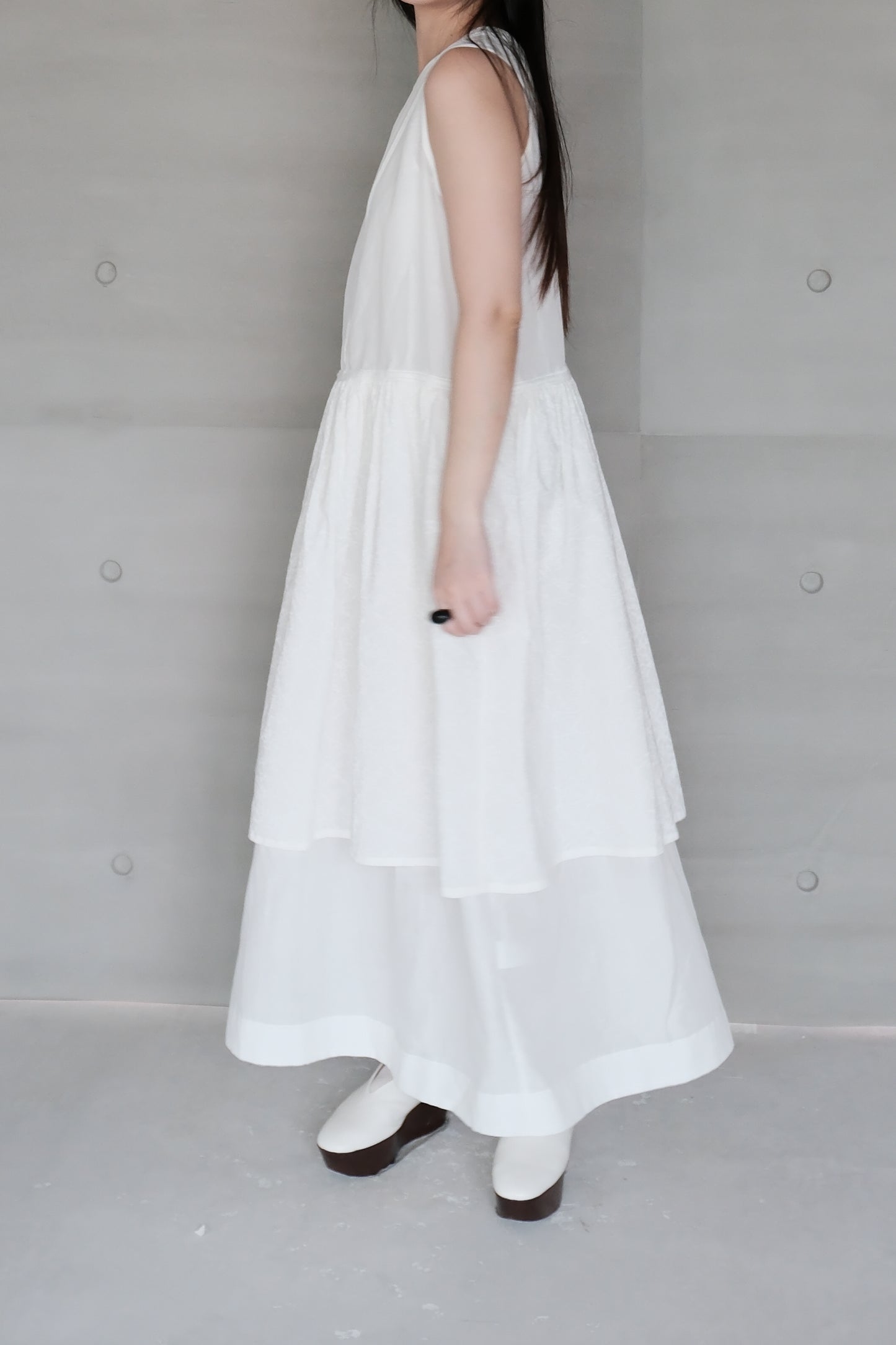 Ink-splattered layered white cotton and linen dress (pre-order)