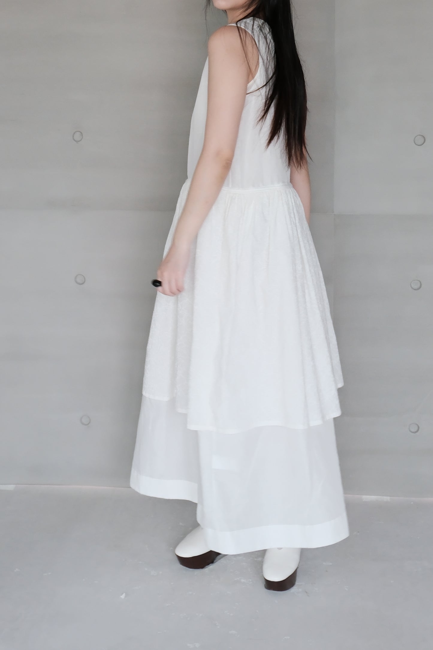 Ink-splattered layered white cotton and linen dress (pre-order)
