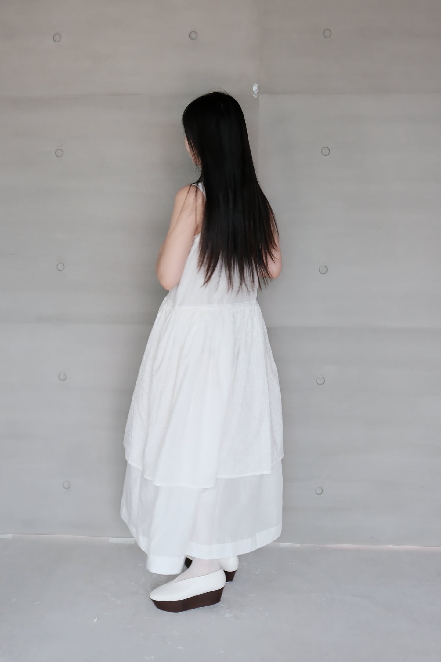 Ink-splattered layered white cotton and linen dress (pre-order)