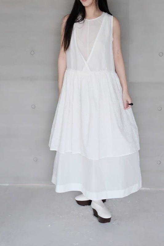 Ink-splattered layered white cotton and linen dress (pre-order)
