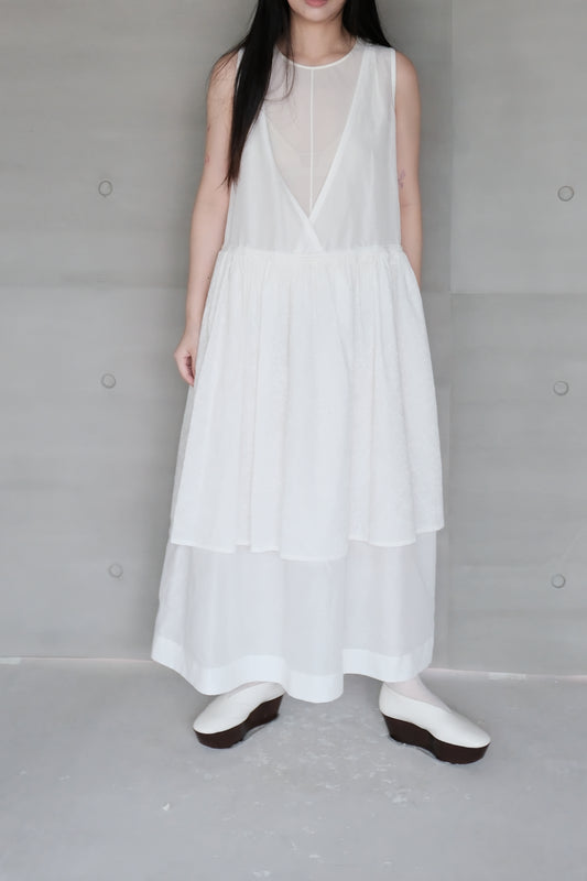 Ink-splattered layered white cotton and linen dress (pre-order)