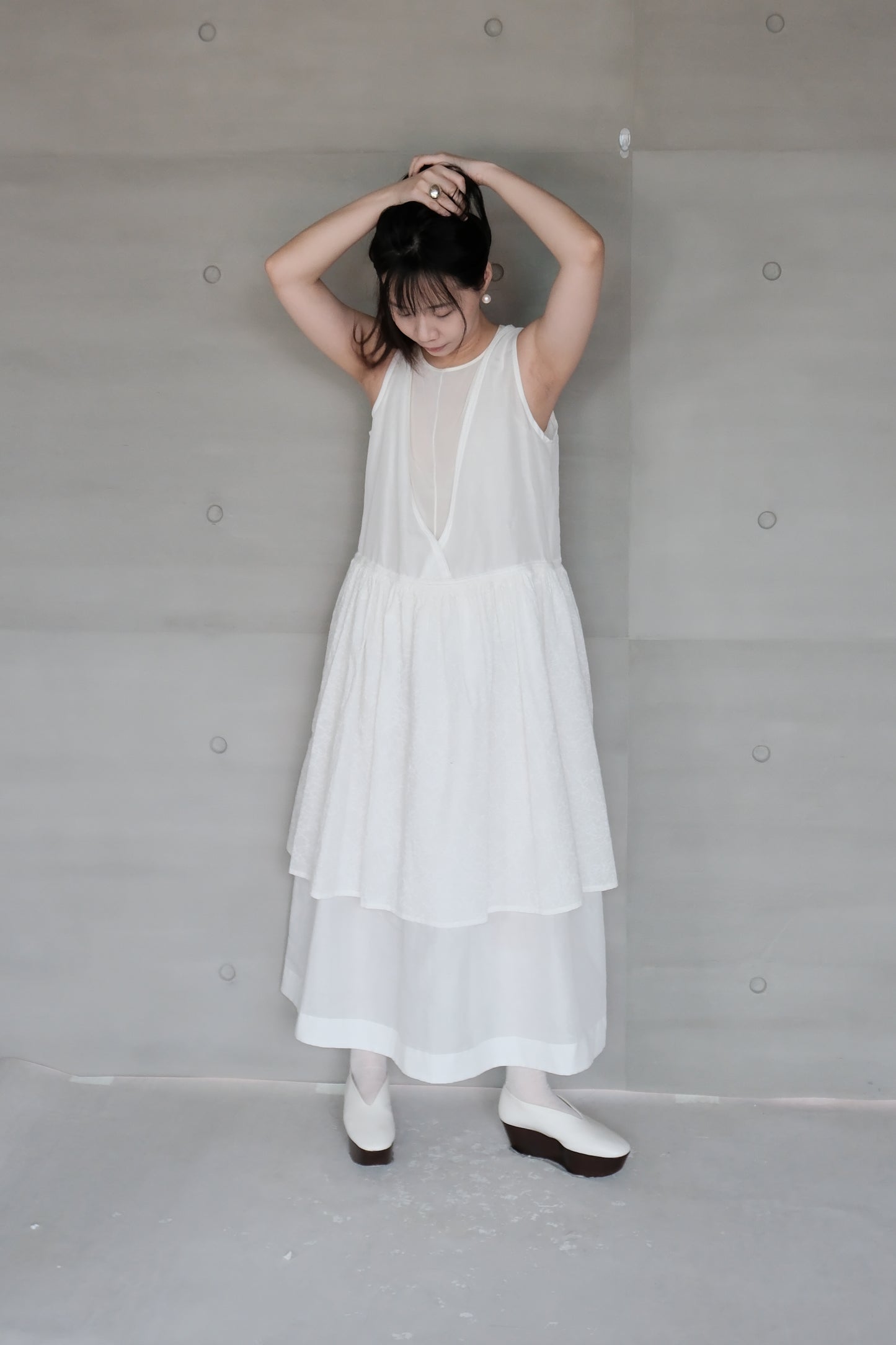 Ink-splattered layered white cotton and linen dress (pre-order)