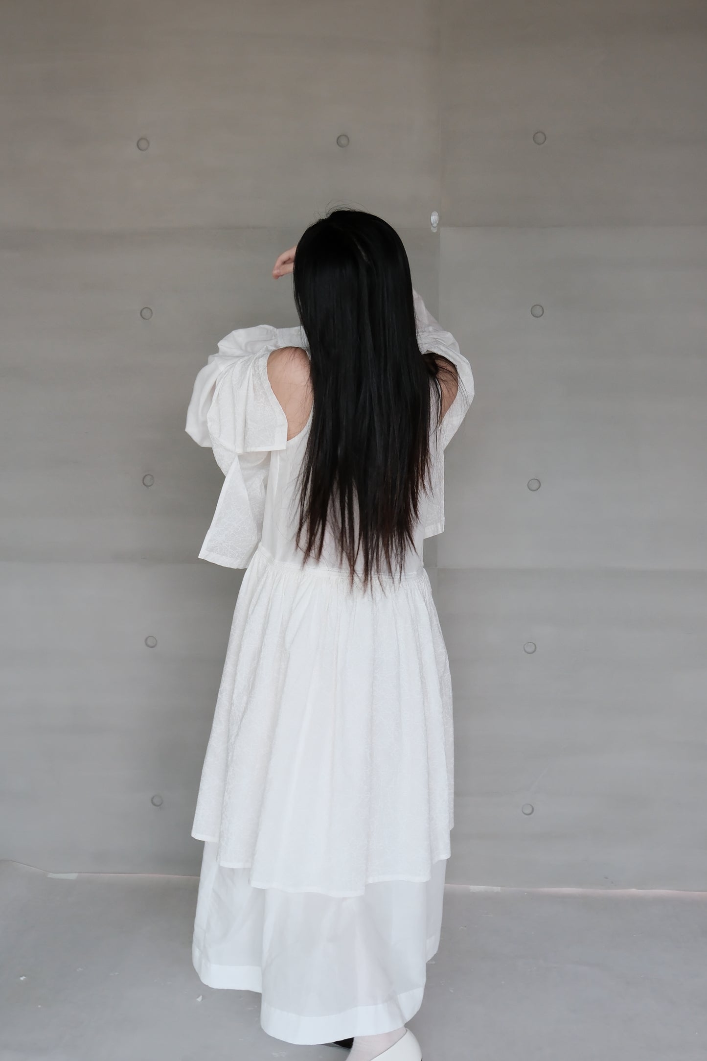 Ink-splattered layered white cotton and linen dress (pre-order)