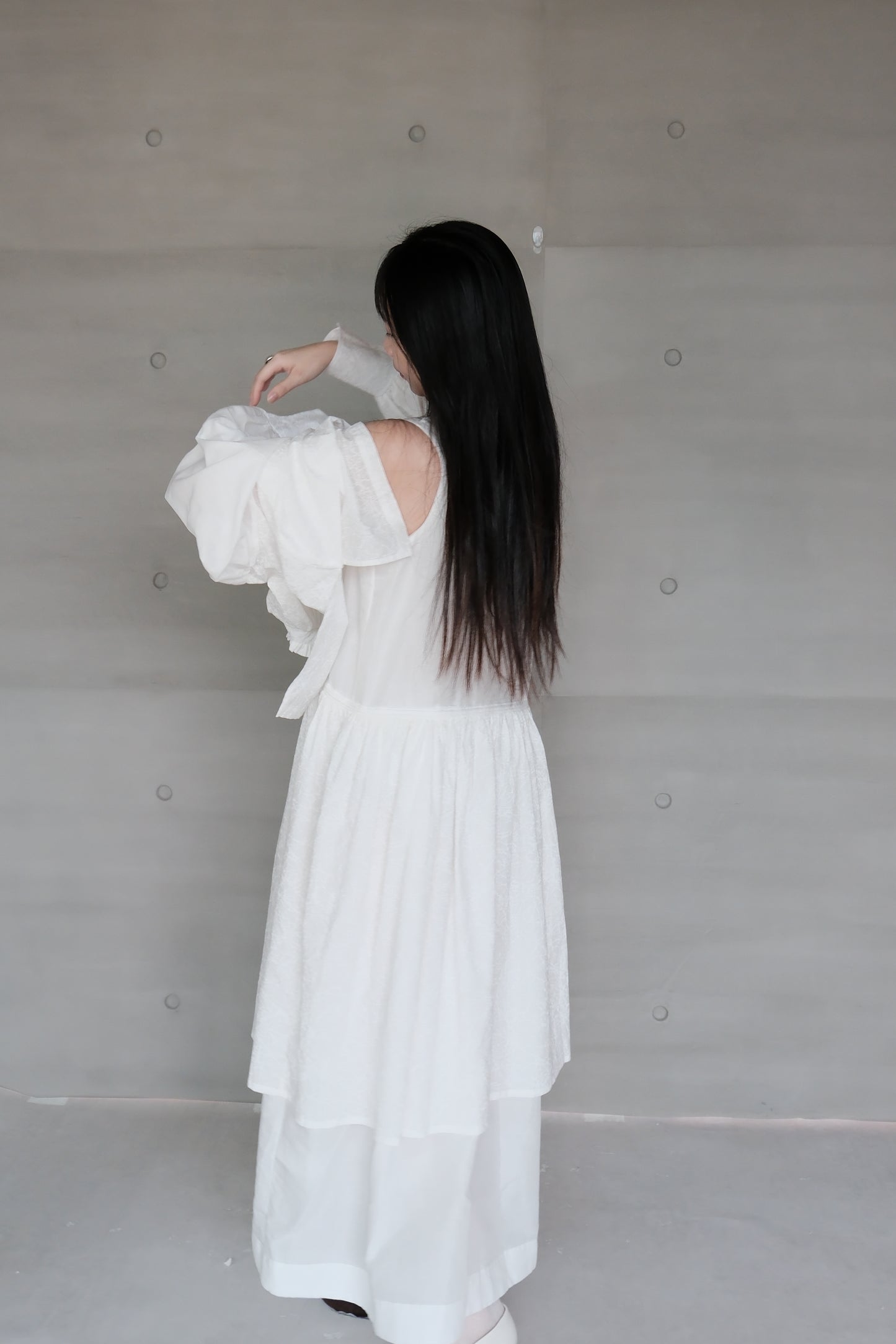 Ink-splattered layered white cotton and linen dress (pre-order)