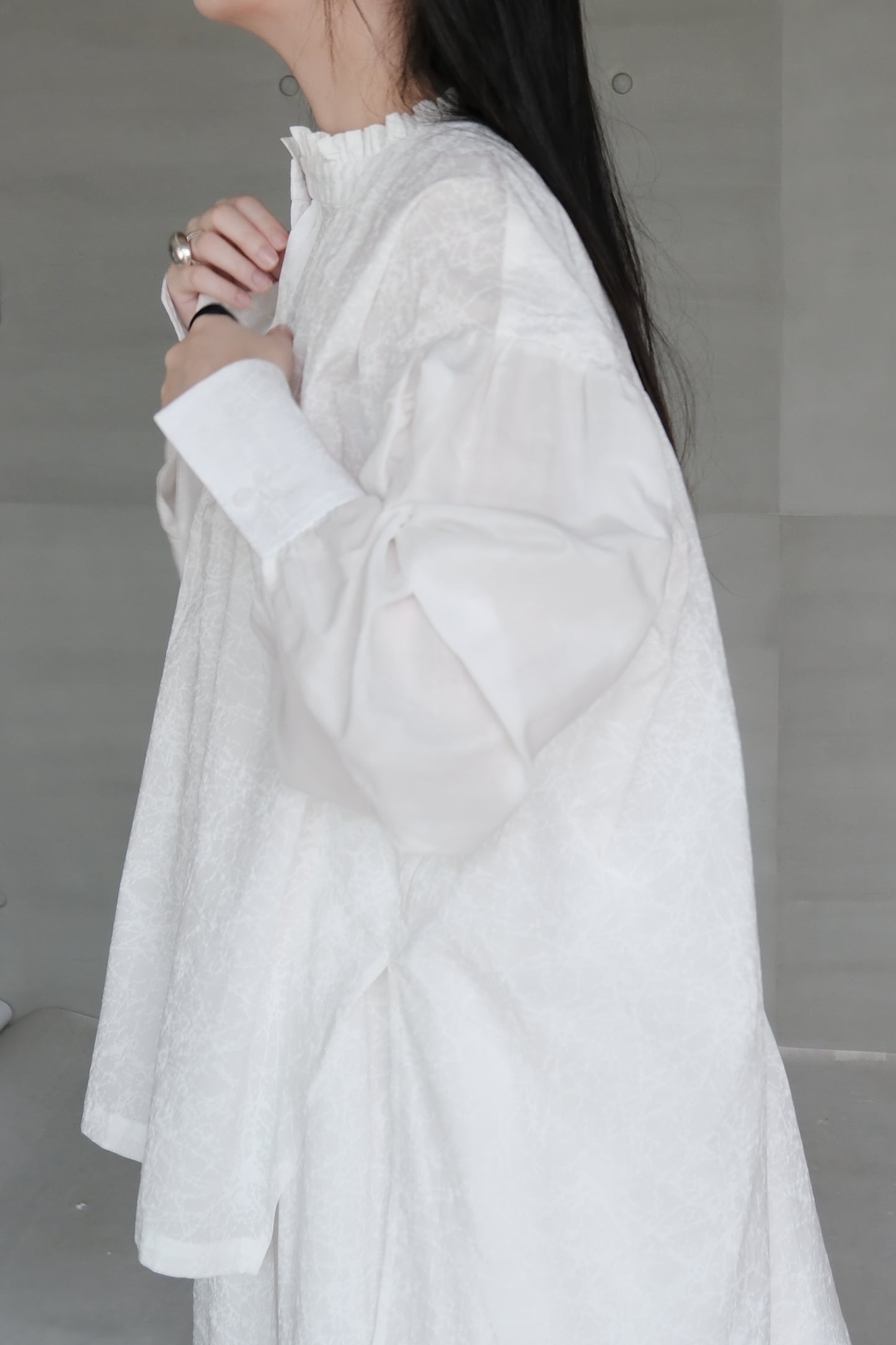 Ink-splattered and linen patchwork white shirt (in-stock)