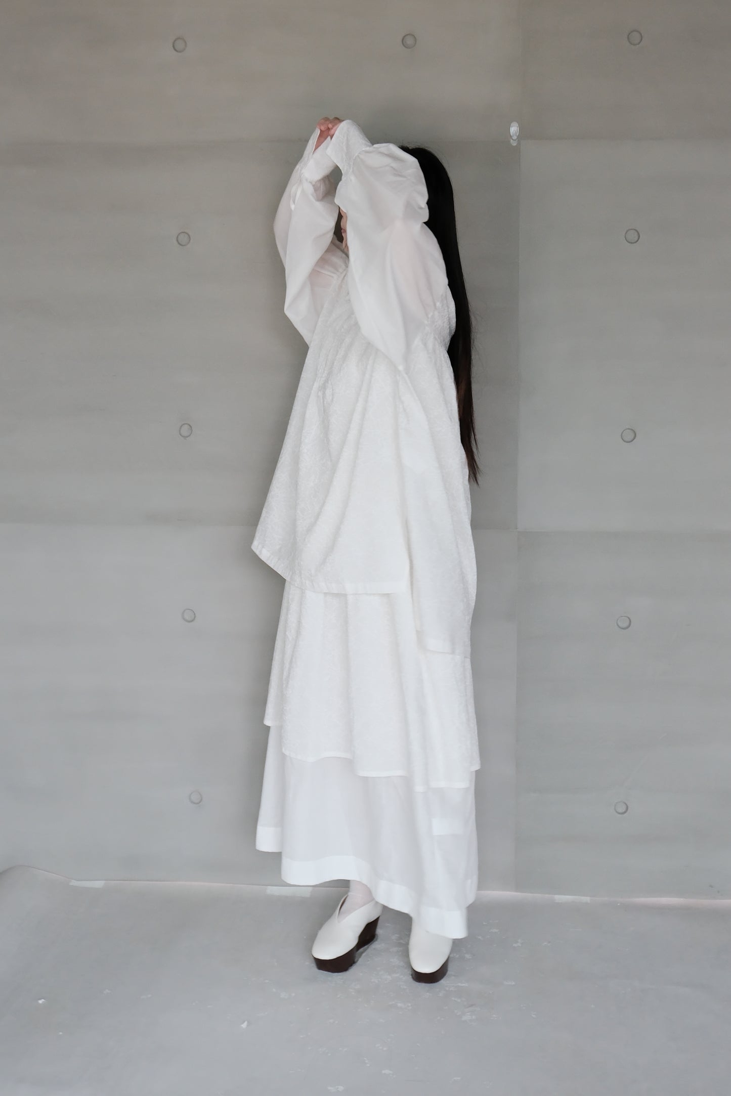 Ink-splattered and linen patchwork white shirt (in-stock)