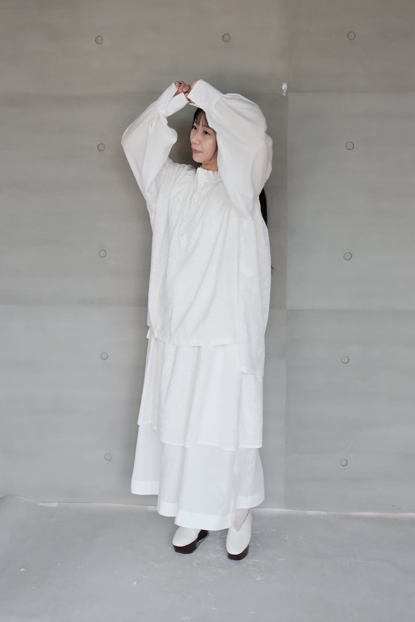 Ink-splattered and linen patchwork white shirt (in-stock)