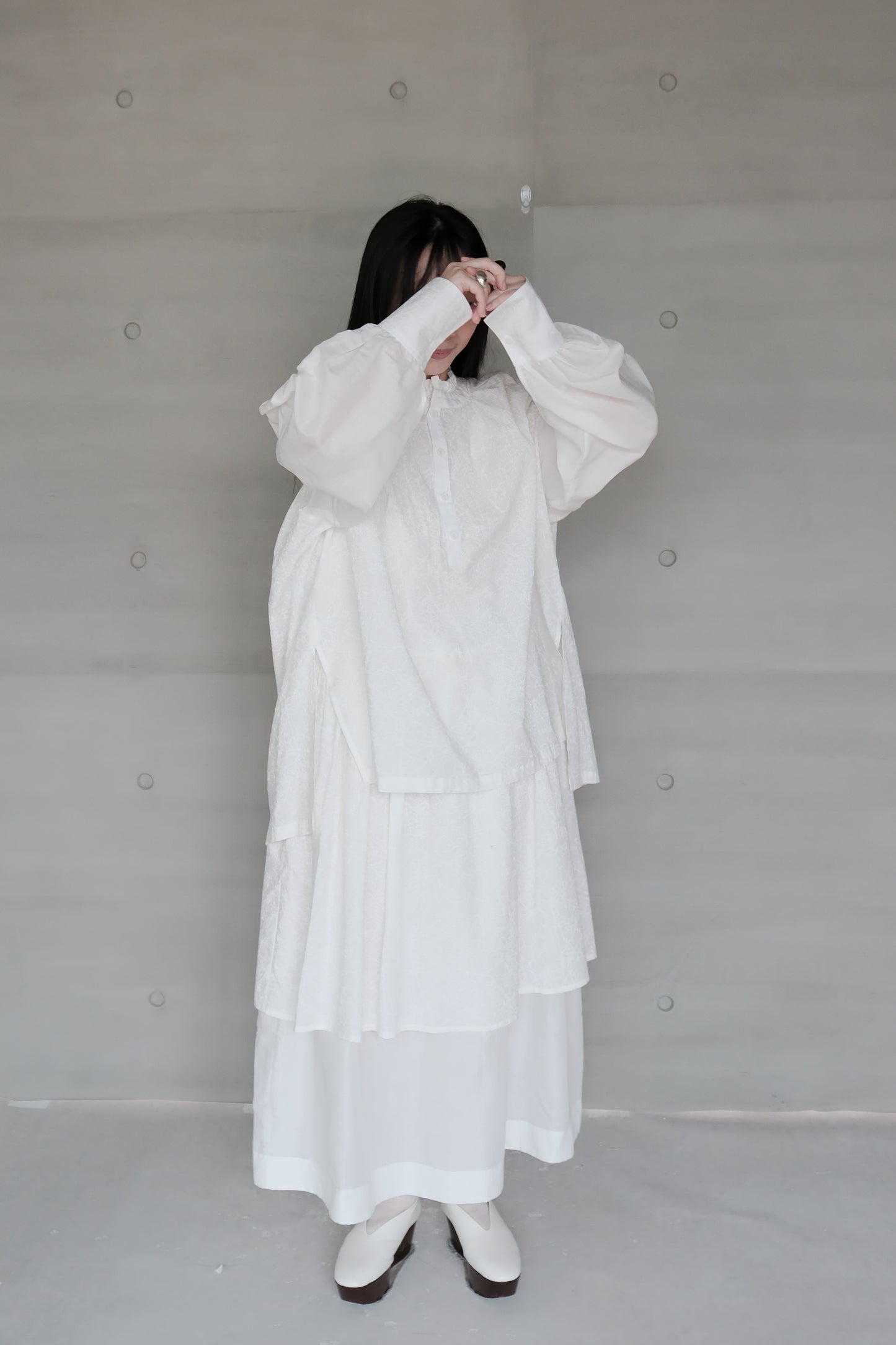 Ink-splattered and linen patchwork white shirt (in-stock)