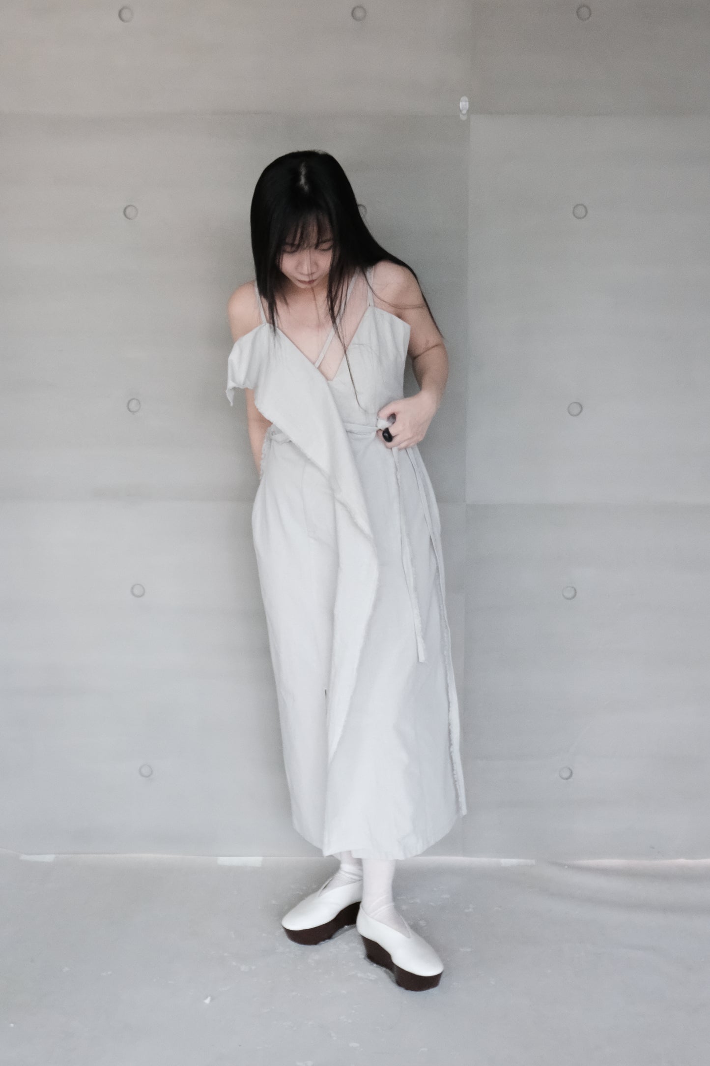 smoke grey thin-strap asymmetrical dress (pre-order)