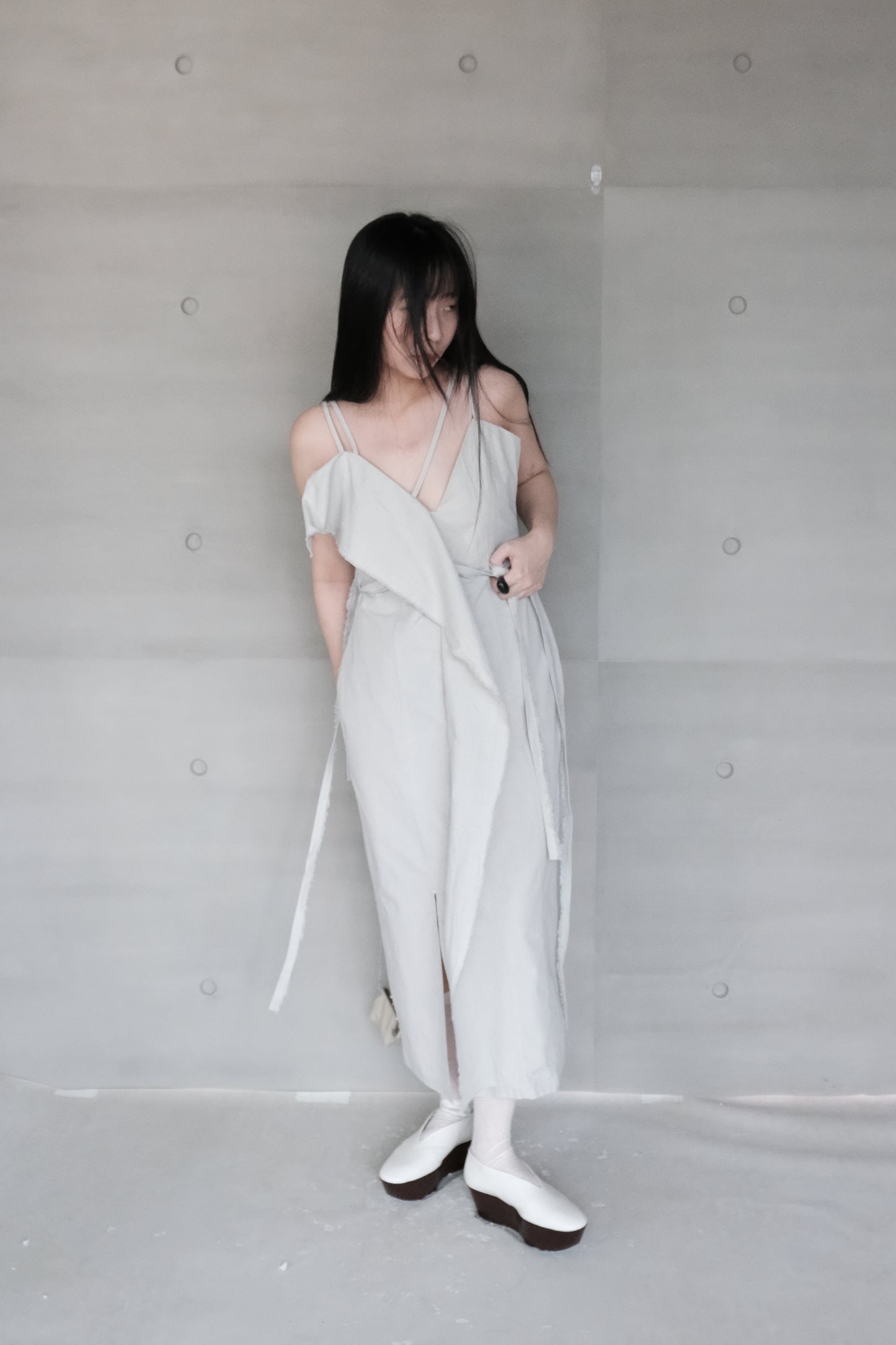 smoke grey thin-strap asymmetrical dress (pre-order)