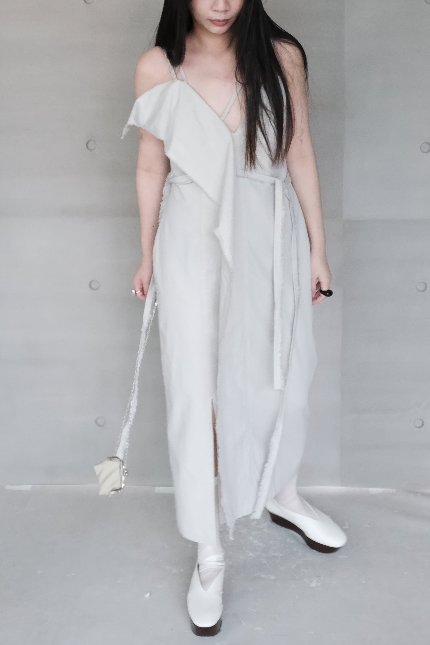 smoke grey thin-strap asymmetrical dress (pre-order)