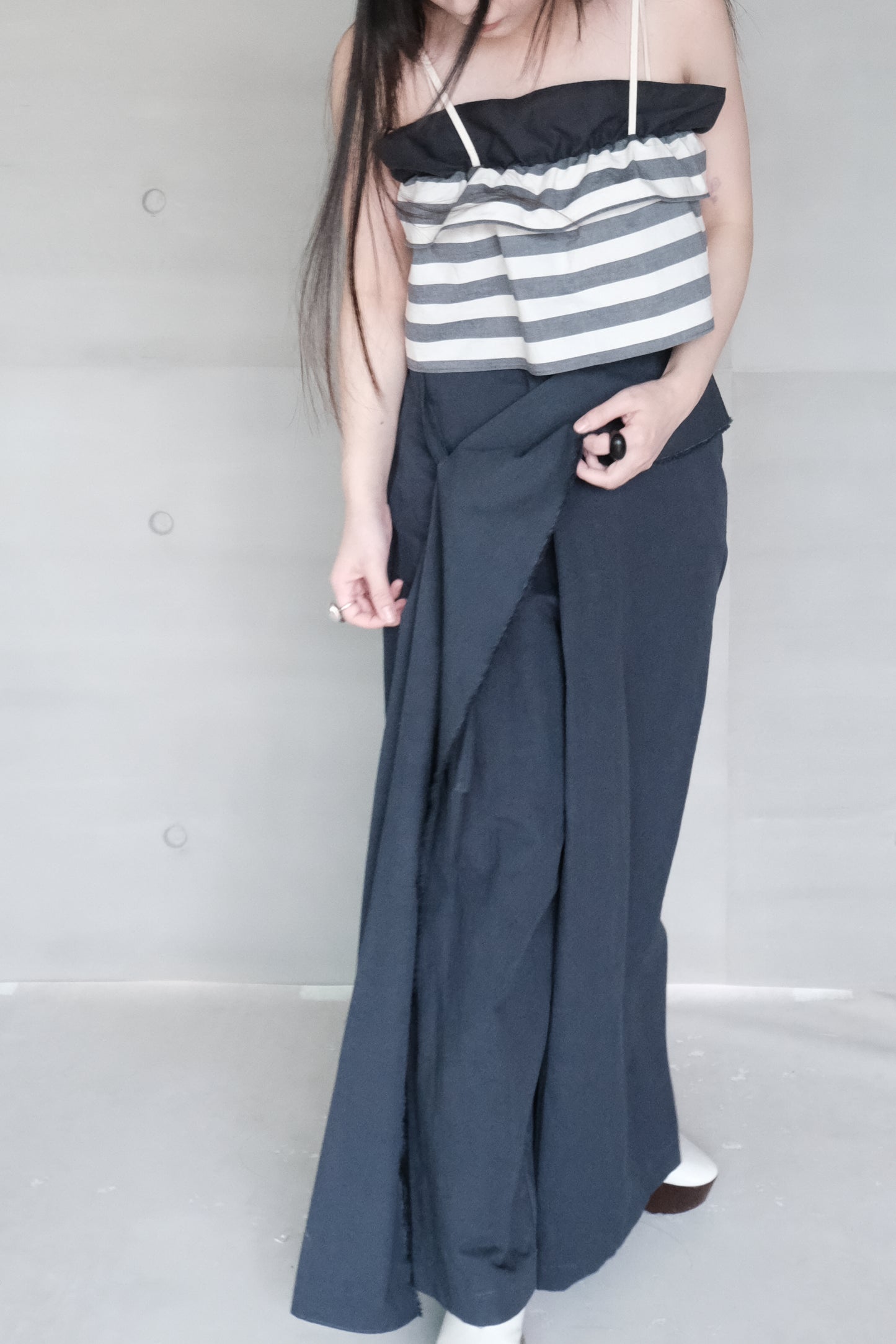 double-layer ruched crop top - navy stripe  (in-stock)