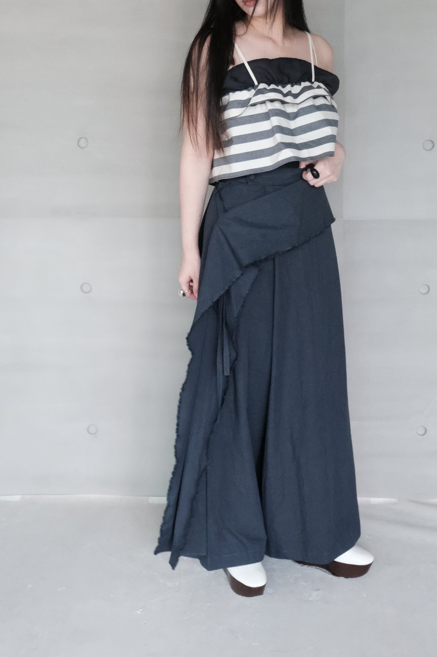 double-layer ruched crop top - navy stripe  (in-stock)