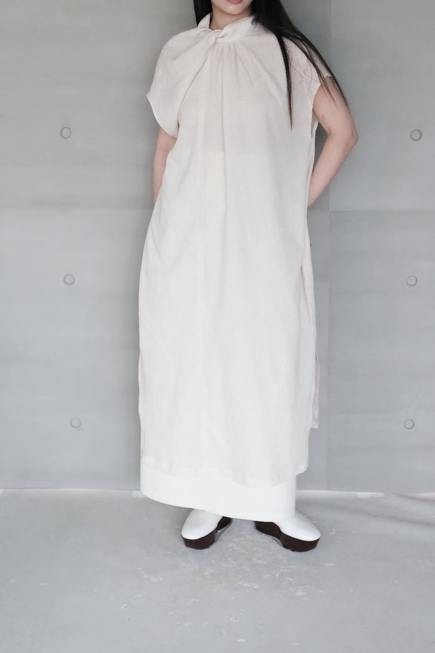 twisted-knot neckline dress - cream (pre-order)