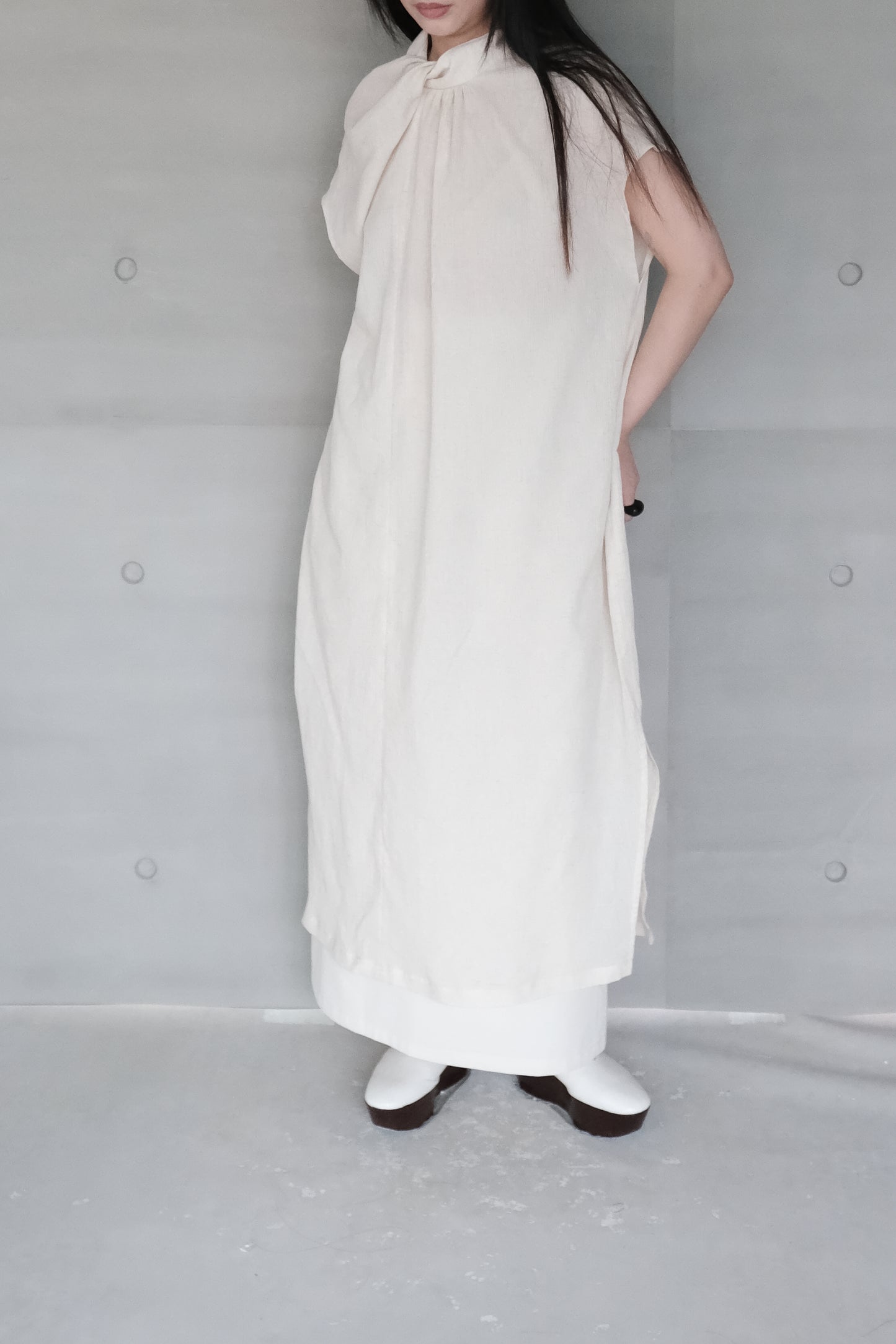 twisted-knot neckline dress - cream (pre-order)