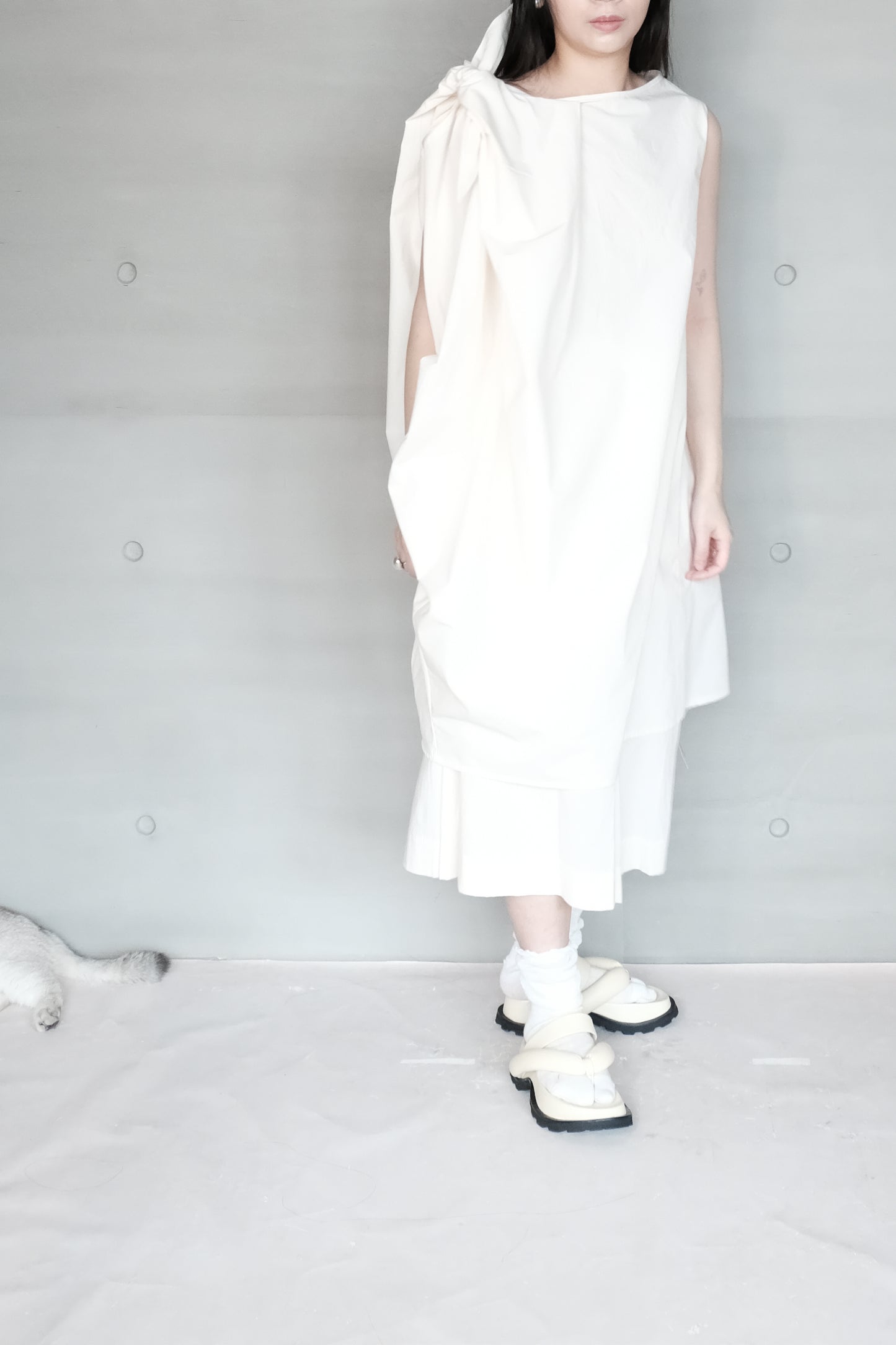 cotton-linen asymmetric wrap dress with shoulder tie (pre-order)