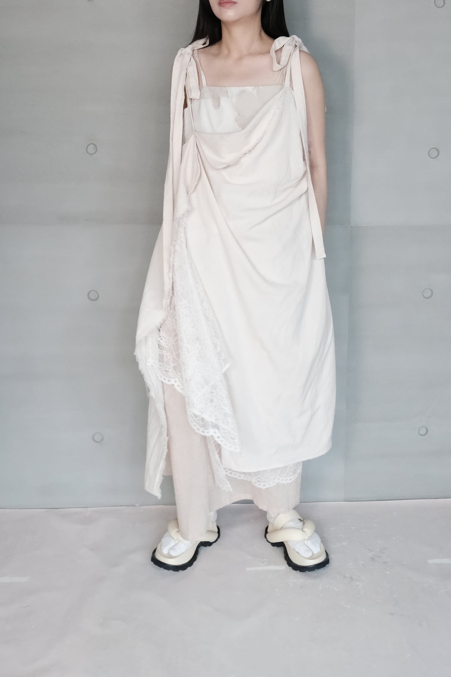 asymmetric draped lace cotton-linen blend dress (pre-order)