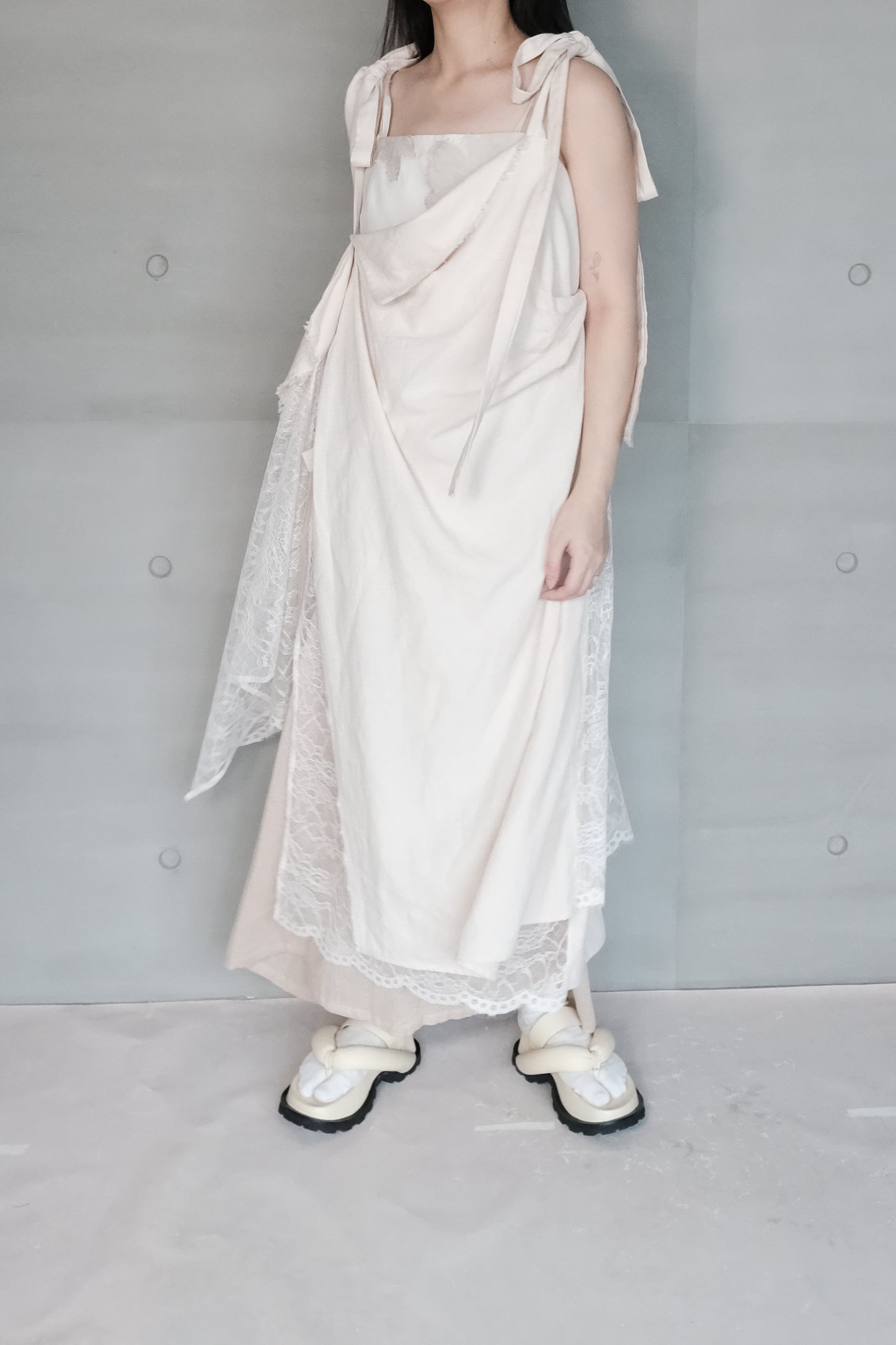 asymmetric draped lace cotton-linen blend dress (pre-order)