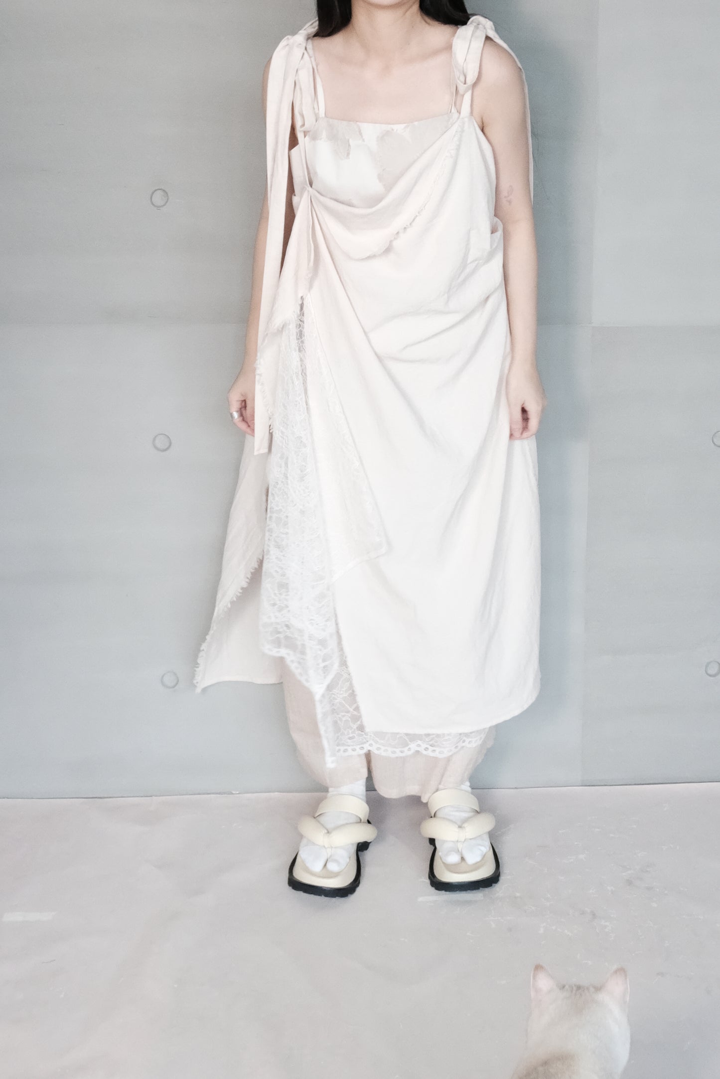 asymmetric draped lace cotton-linen blend dress (pre-order)