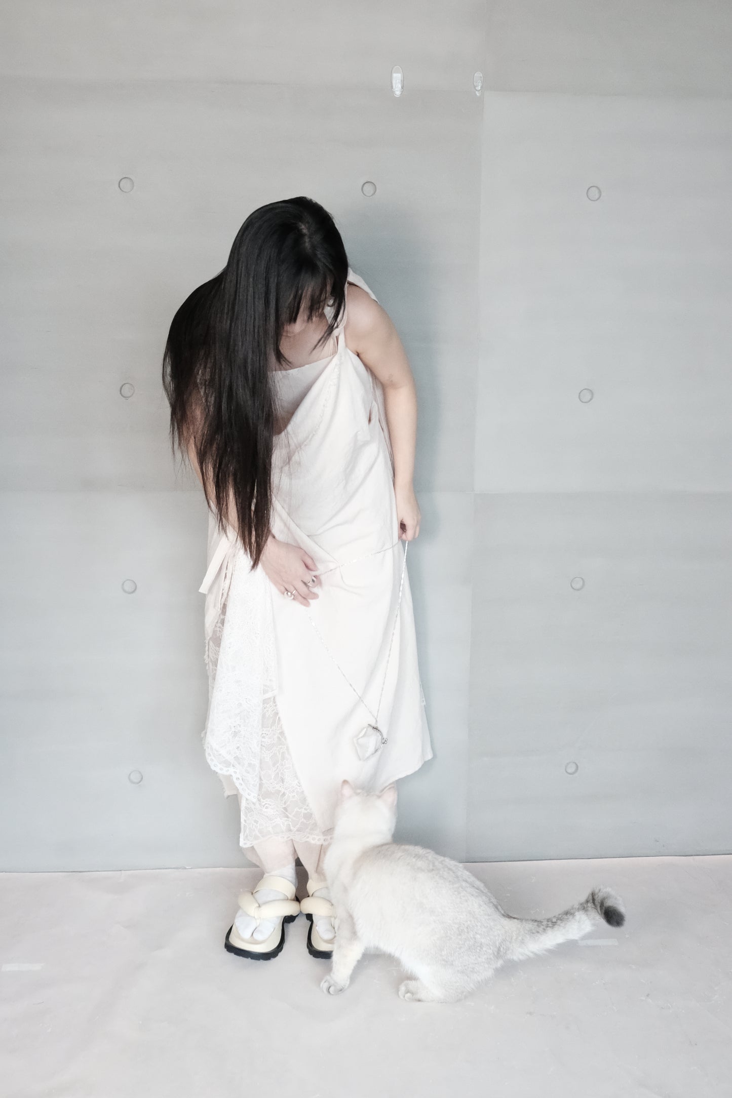 asymmetric draped lace cotton-linen blend dress (pre-order)