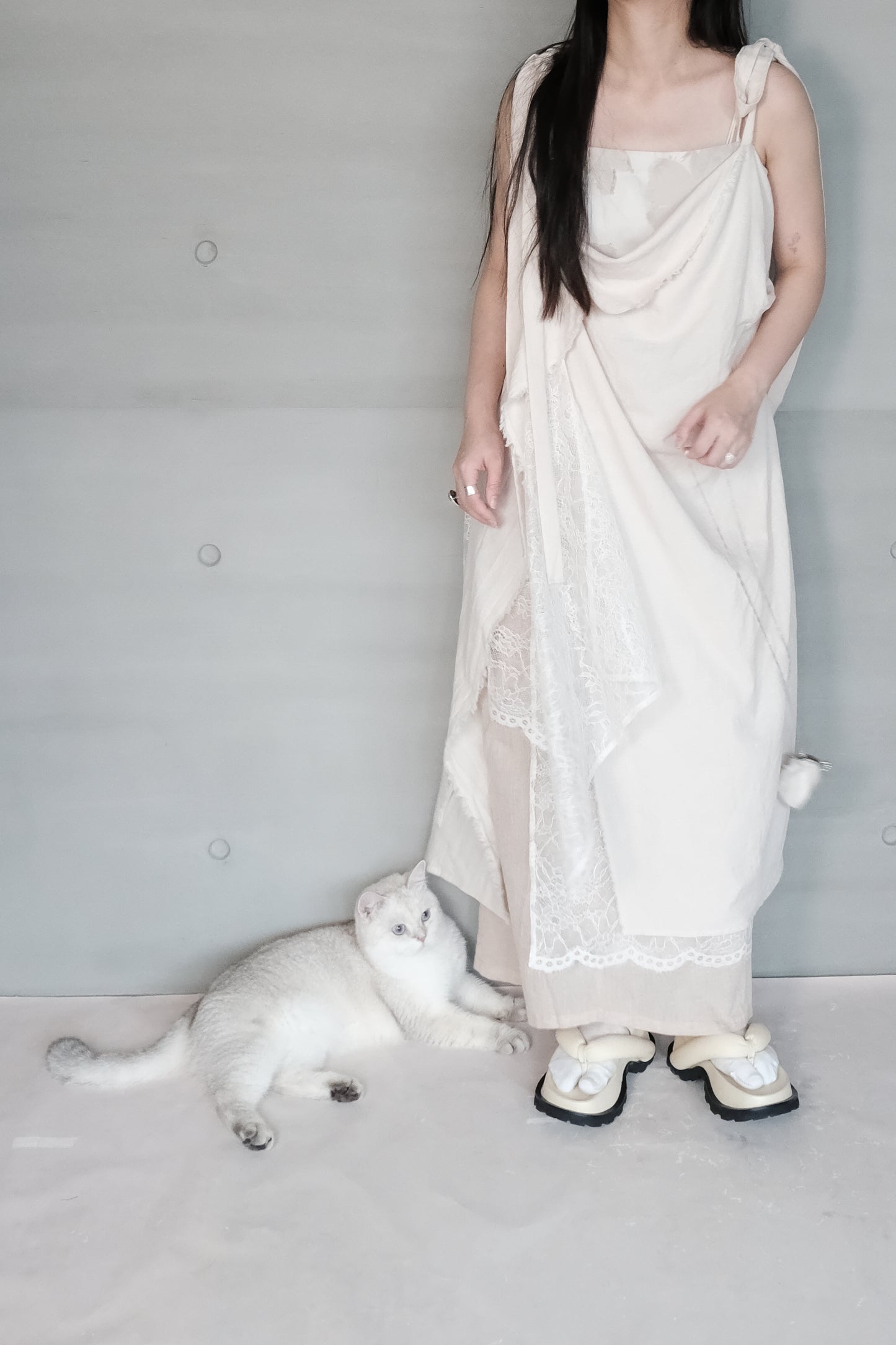 asymmetric draped lace cotton-linen blend dress (pre-order)