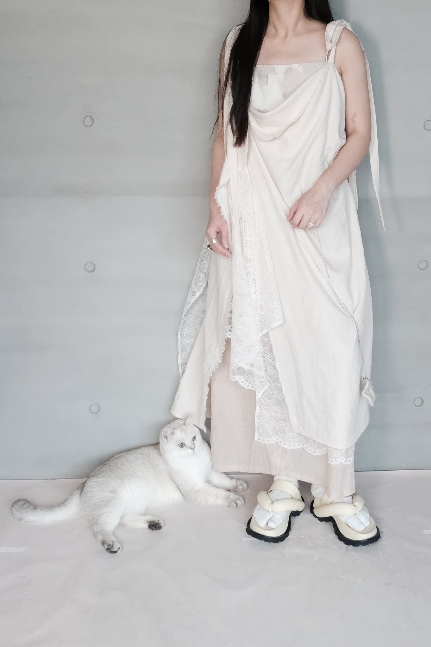asymmetric draped lace cotton-linen blend dress (pre-order)