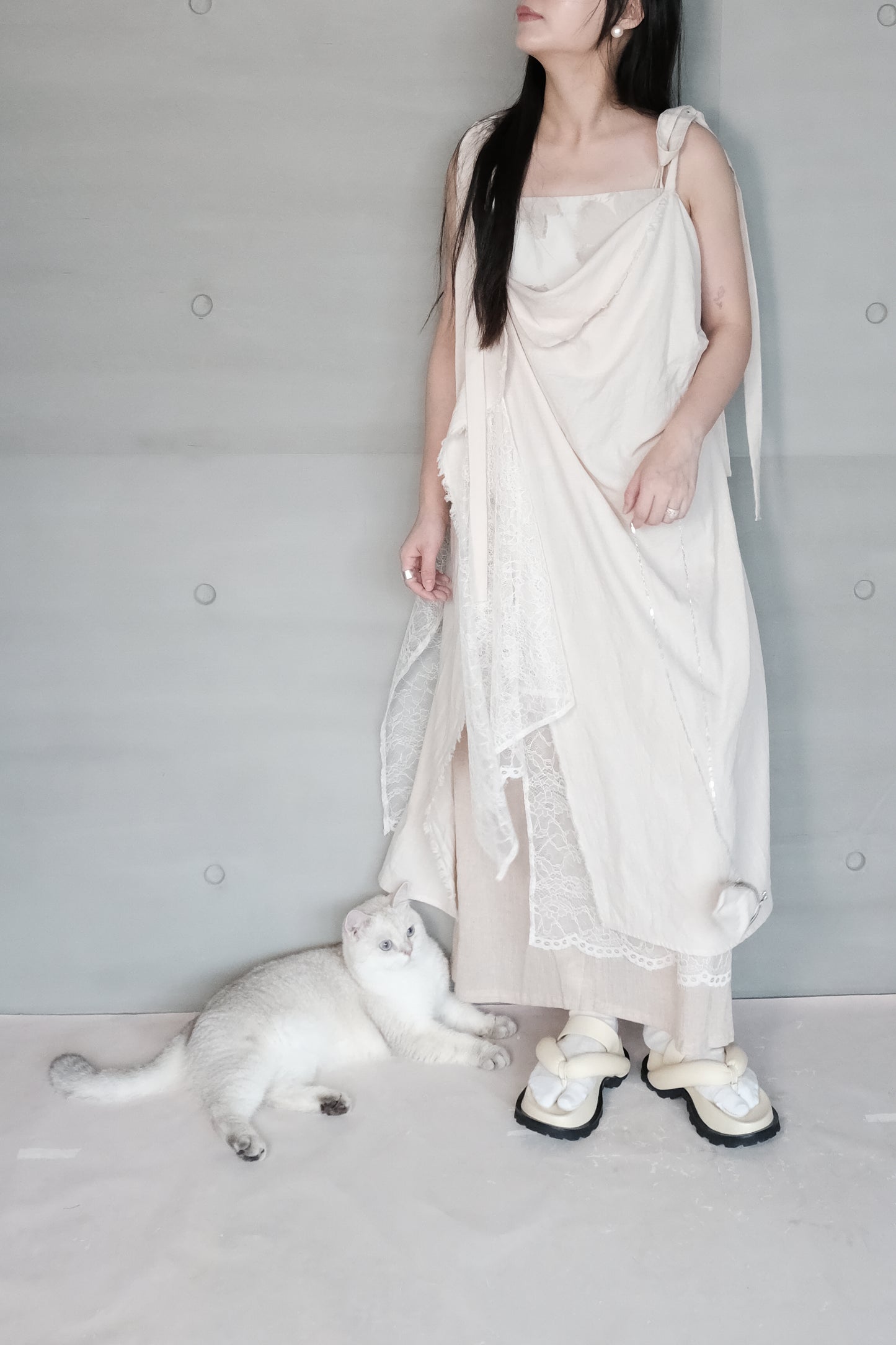 asymmetric draped lace cotton-linen blend dress (pre-order)