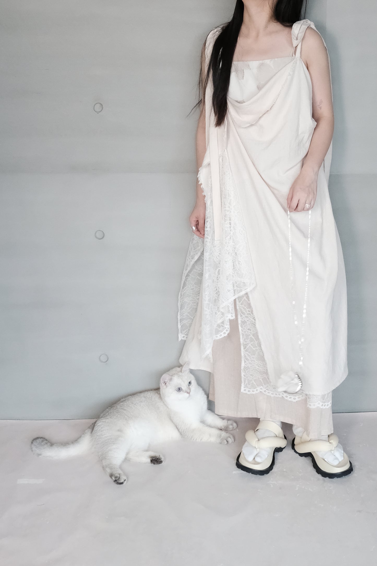 asymmetric draped lace cotton-linen blend dress (pre-order)