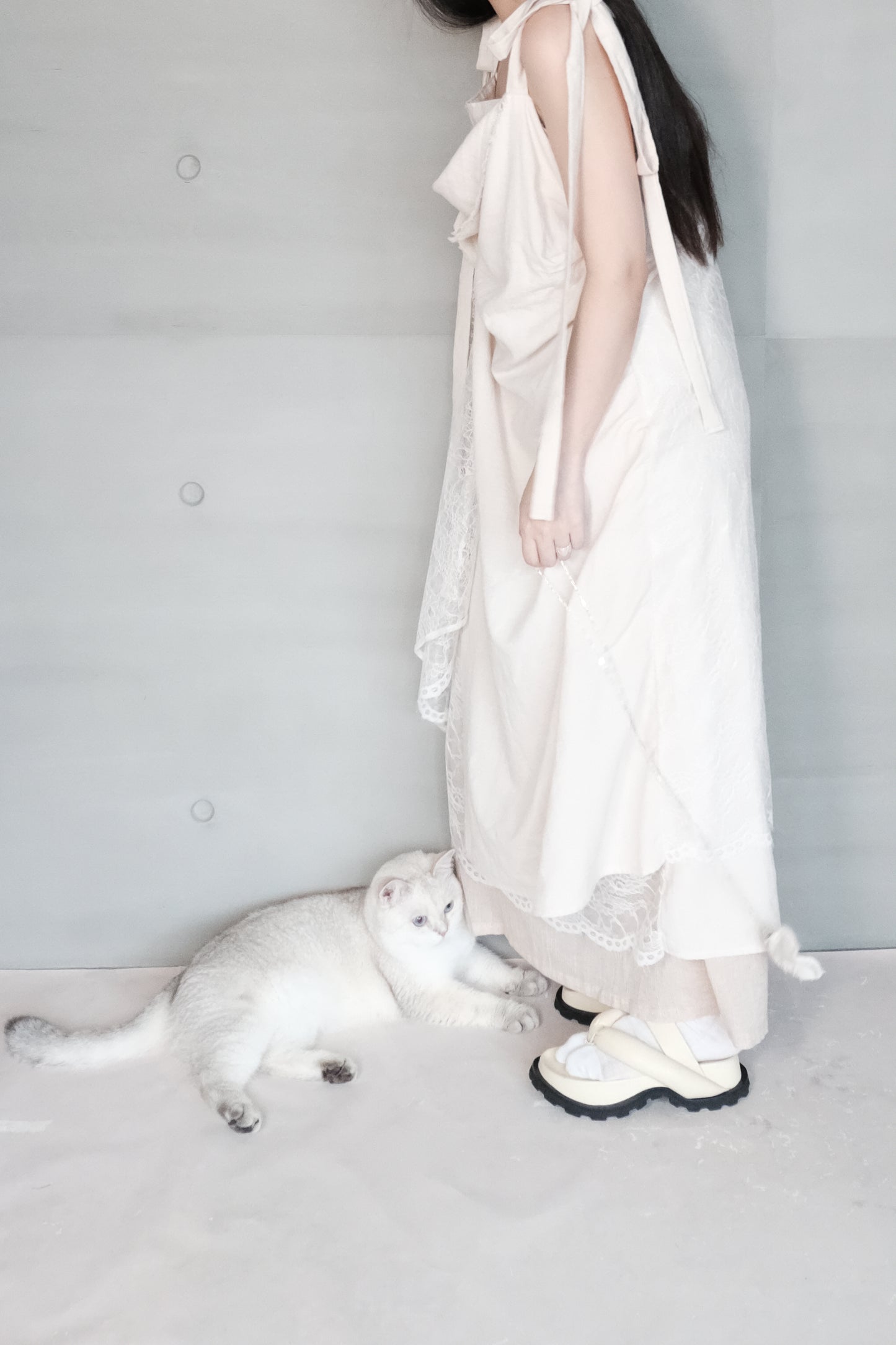 asymmetric draped lace cotton-linen blend dress (pre-order)