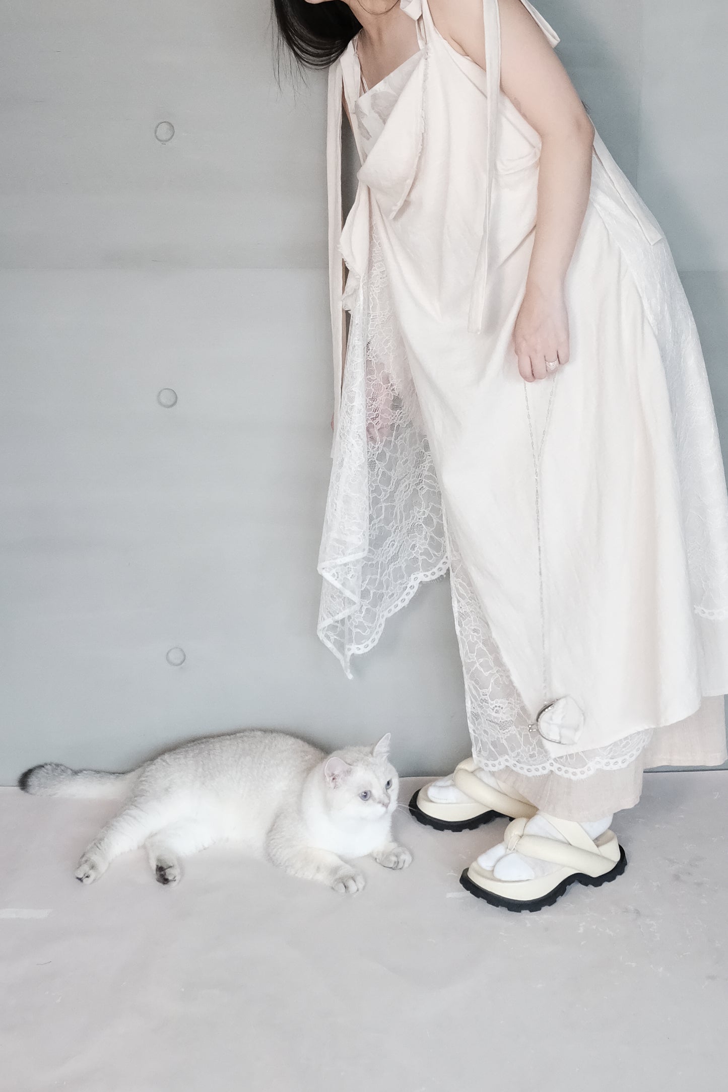 asymmetric draped lace cotton-linen blend dress (pre-order)