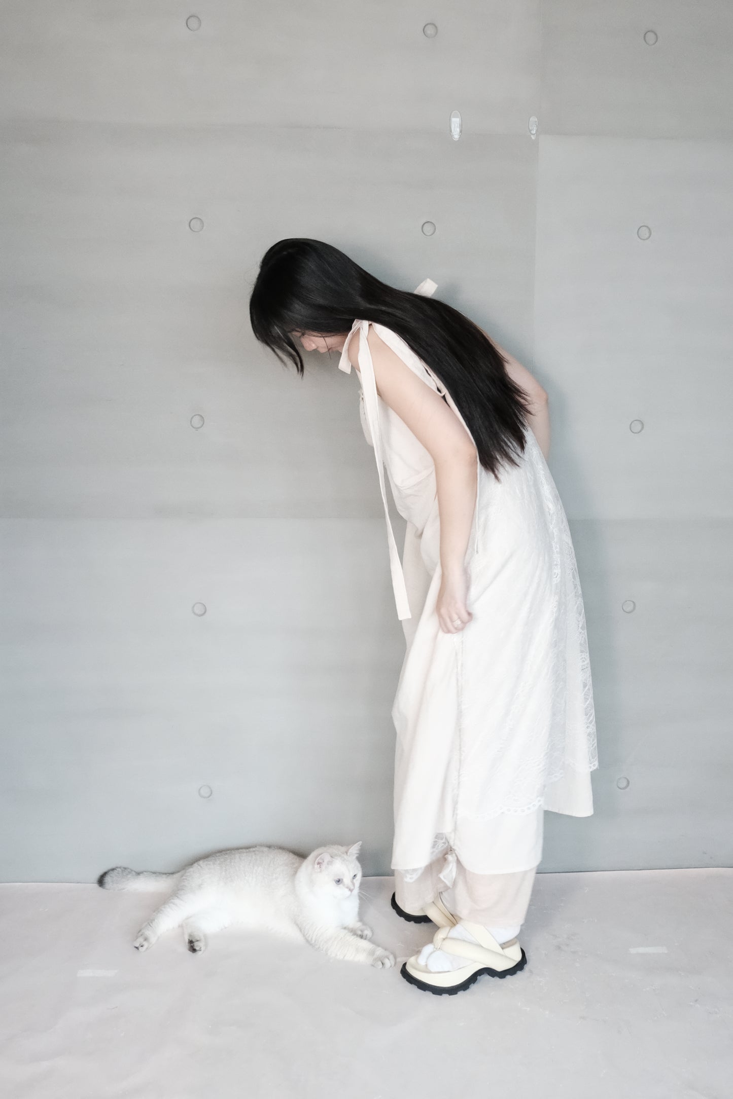asymmetric draped lace cotton-linen blend dress (pre-order)