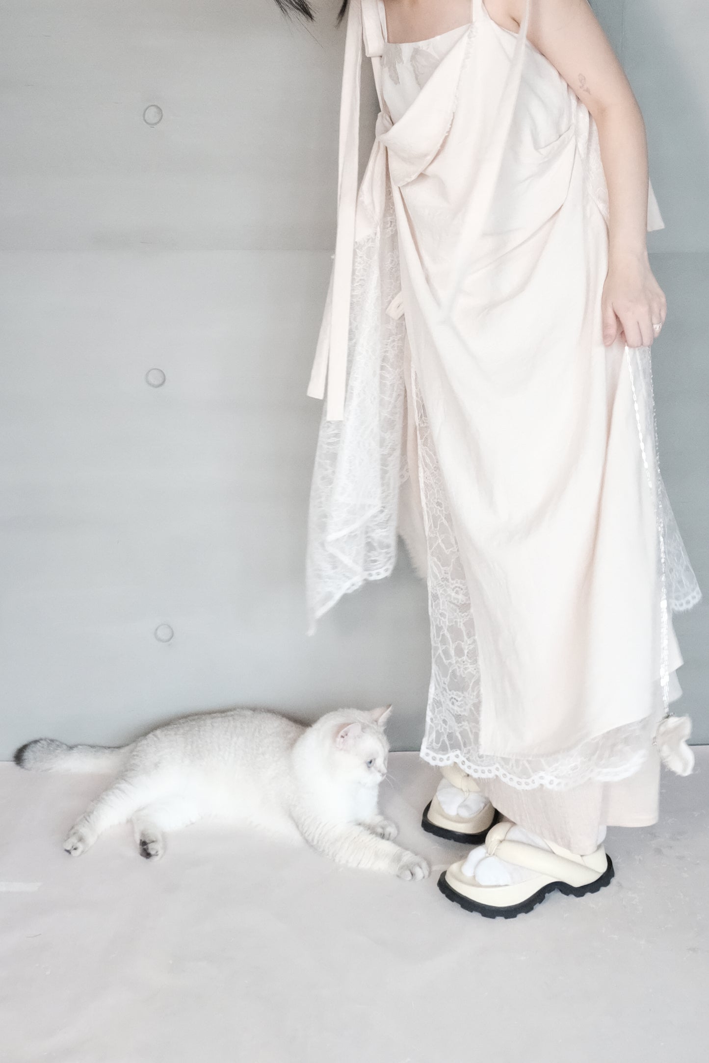 asymmetric draped lace cotton-linen blend dress (pre-order)