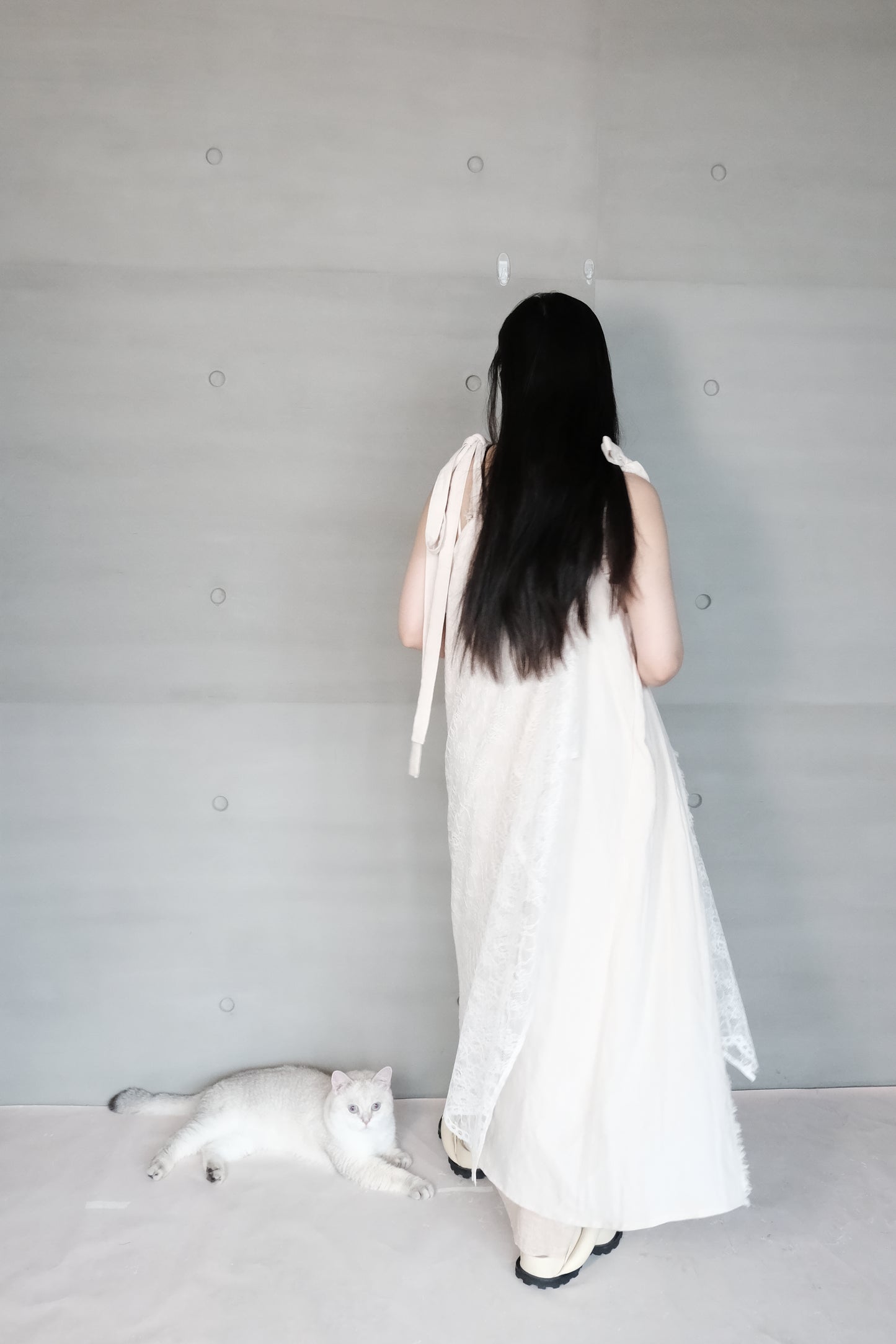 asymmetric draped lace cotton-linen blend dress (pre-order)