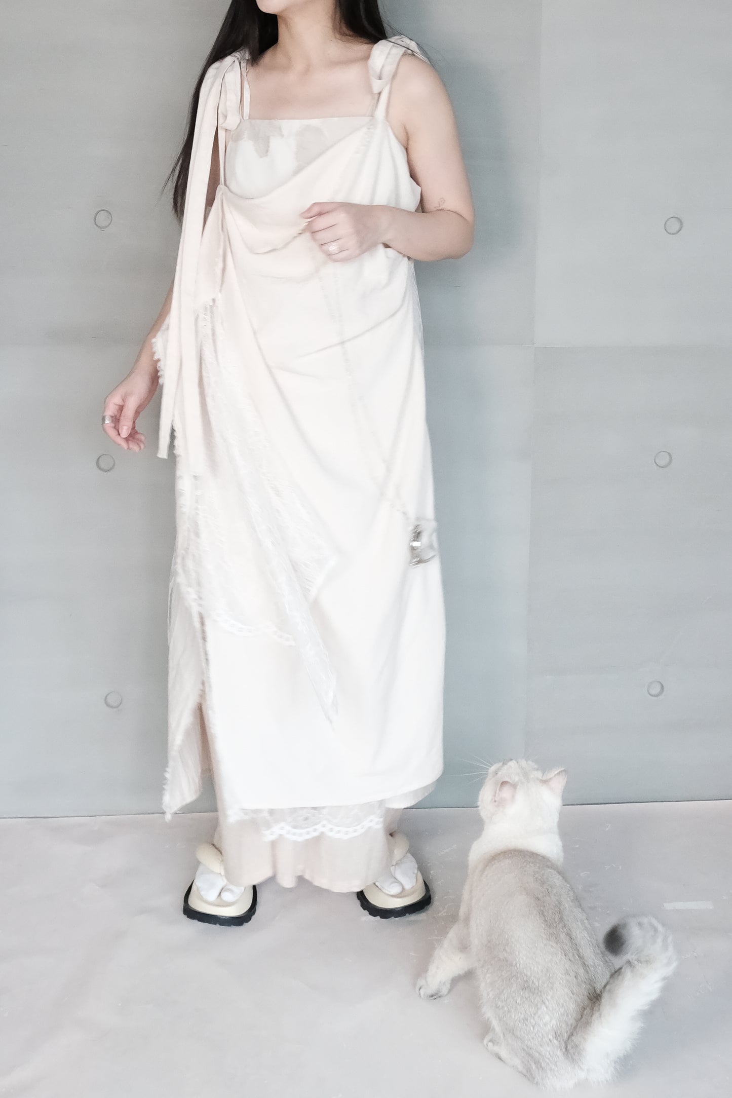 asymmetric draped lace cotton-linen blend dress (pre-order)