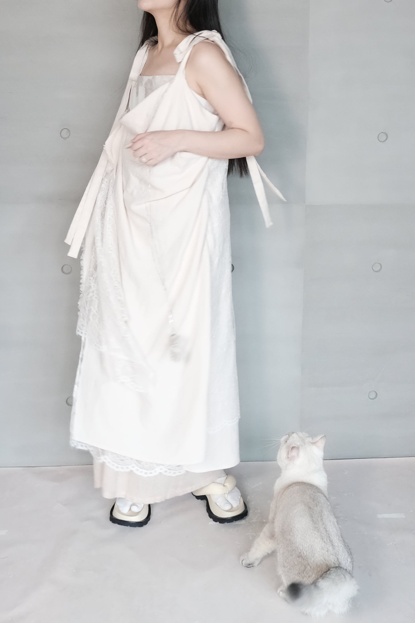 asymmetric draped lace cotton-linen blend dress (pre-order)