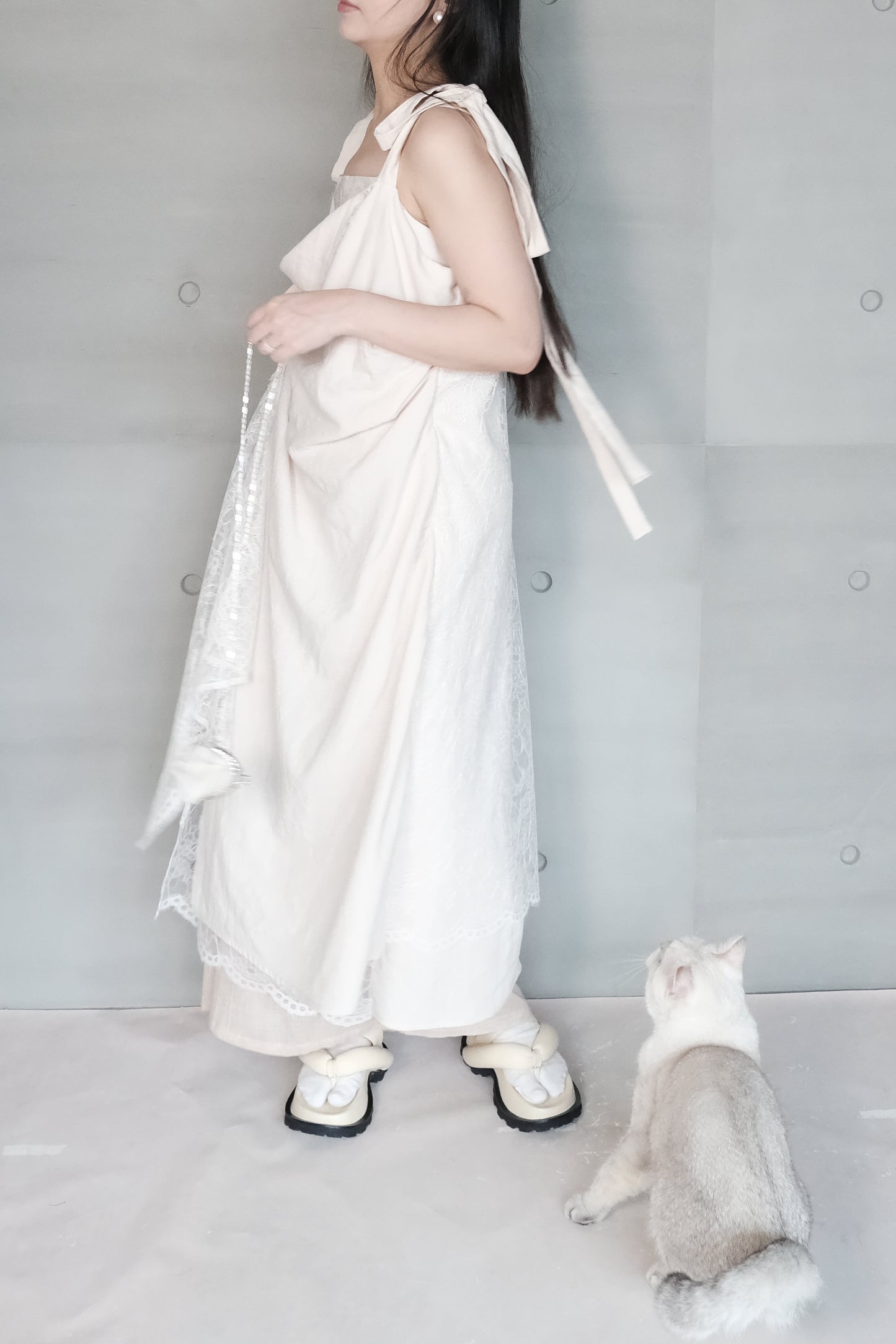 asymmetric draped lace cotton-linen blend dress (pre-order)