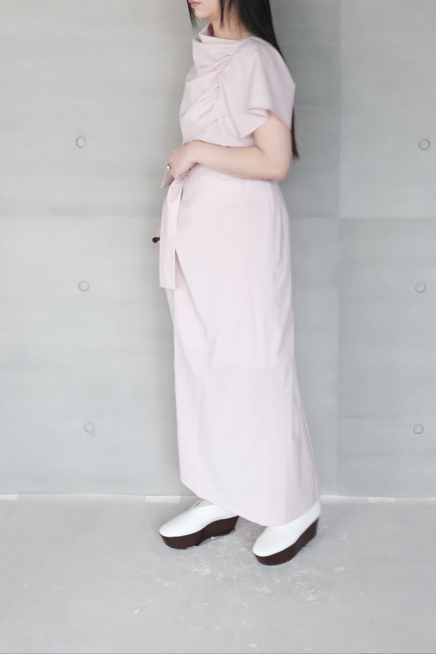 pink asymmetric draped-neckline top (in-stock)