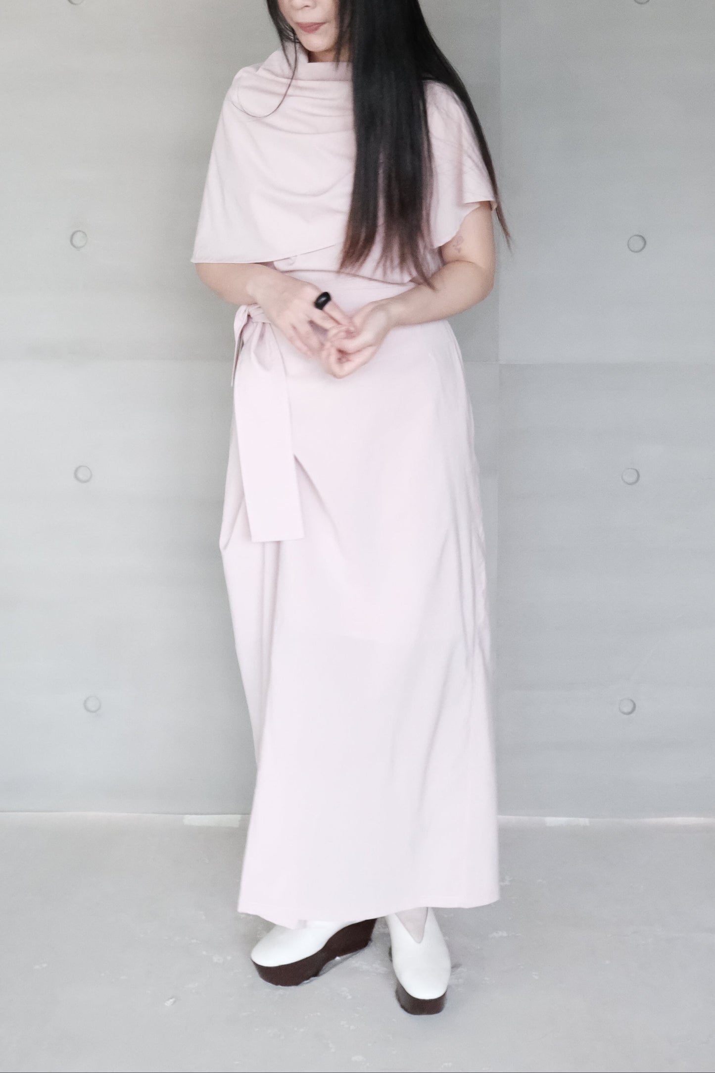 pink asymmetric draped-neckline top (in-stock)