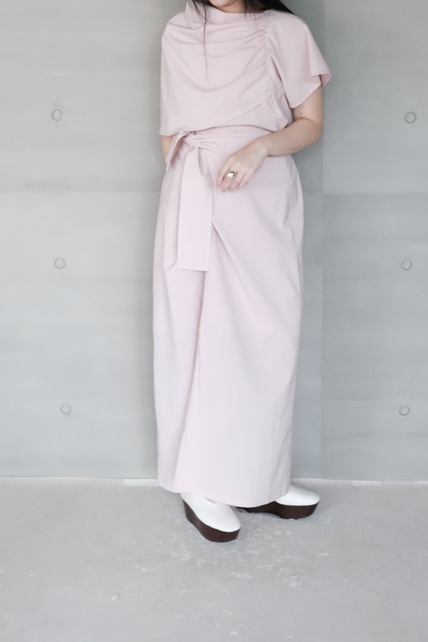 pink asymmetric draped-neckline top (in-stock)