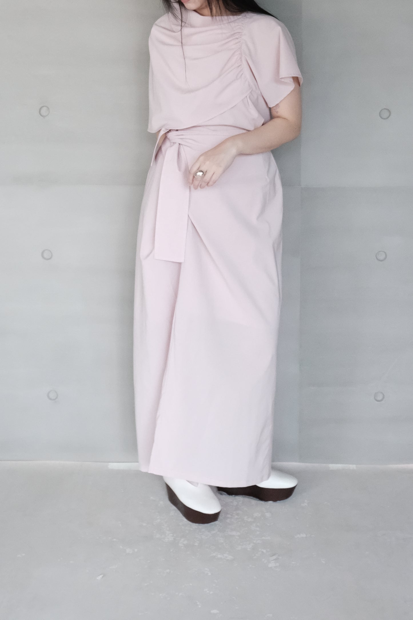 pink asymmetric draped-neckline top (in-stock)