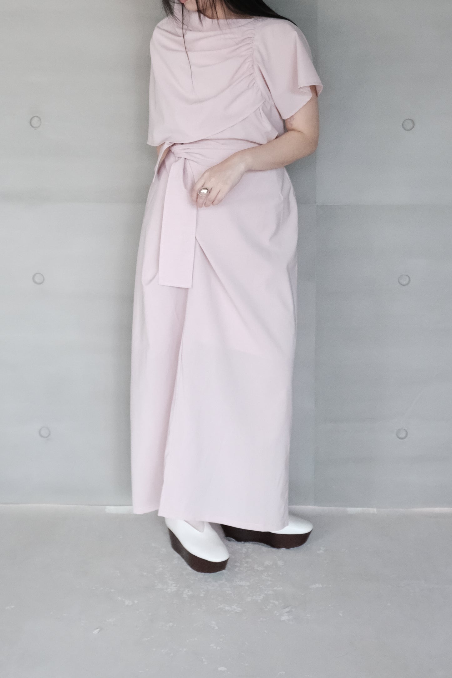 pink asymmetric draped-neckline top (in-stock)